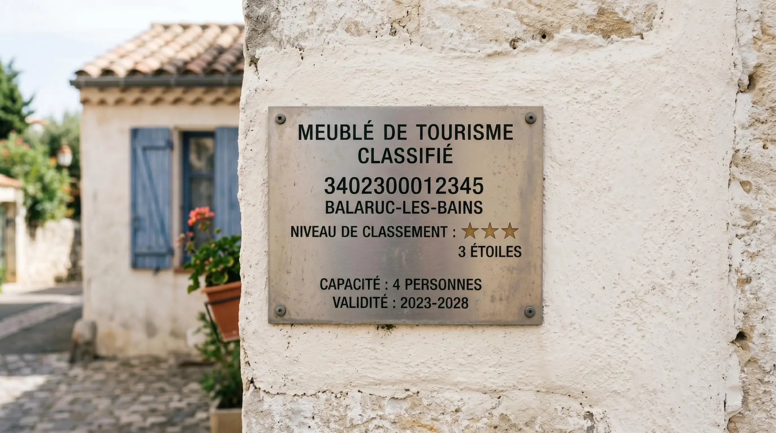 Gros plan sur une plaque officielle de numéro d'enregistrement d'un meublé de tourisme classé avec étoiles, apposée sur le mur extérieur d'un immeuble à Balaruc-les-Bains