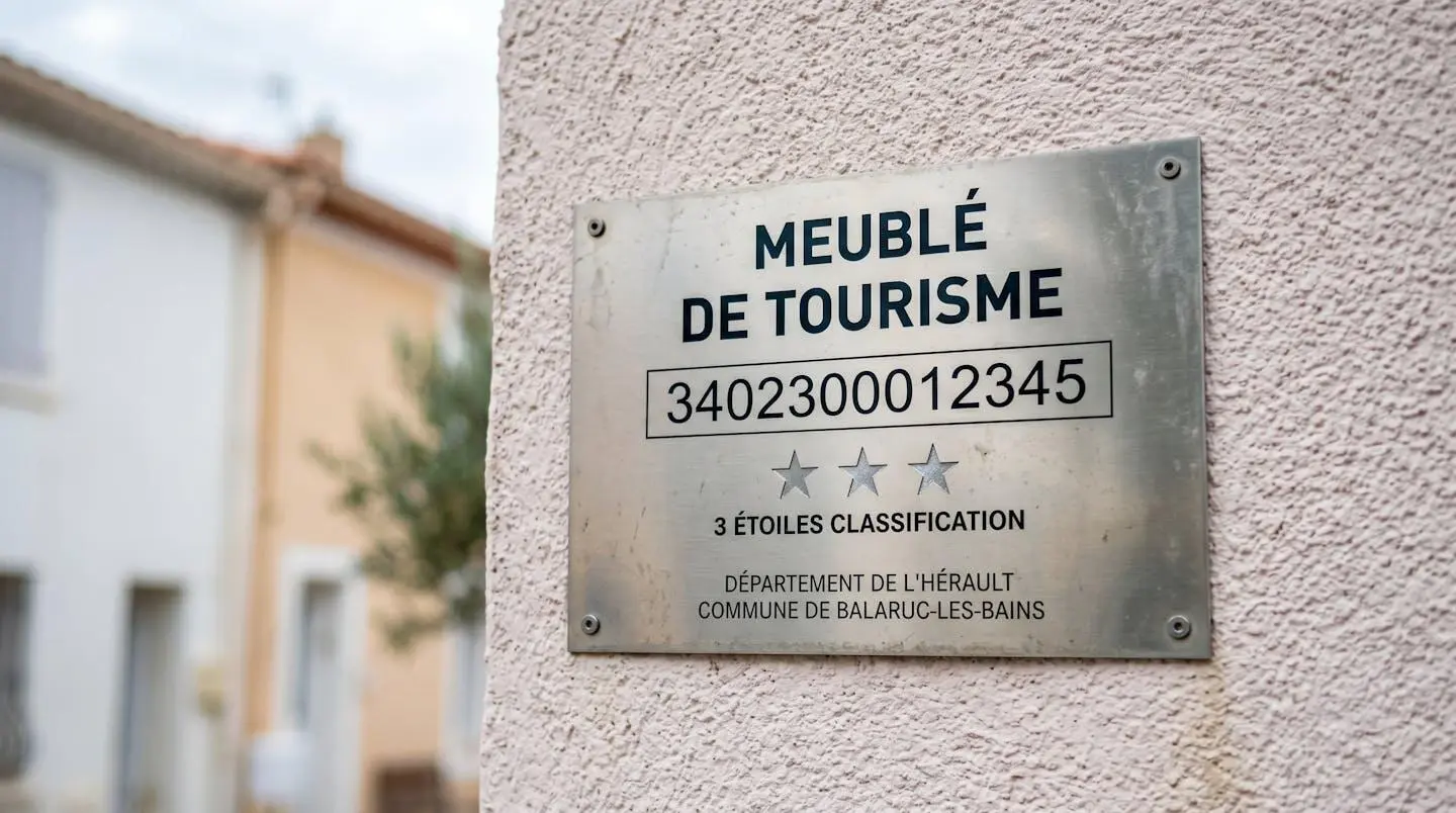 Gros plan sur une plaque officielle de numéro d'enregistrement d'un meublé de tourisme classé avec étoiles, apposée sur le mur extérieur d'un immeuble à Balaruc-les-Bains