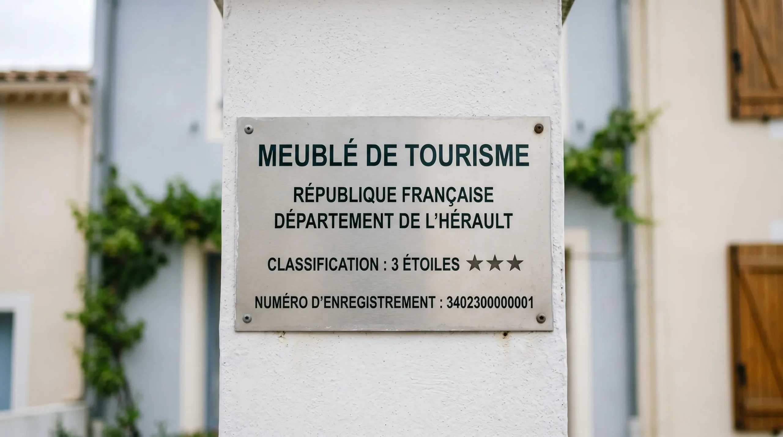 Gros plan sur une plaque officielle de numéro d'enregistrement d'un meublé de tourisme classé avec étoiles, apposée sur le mur extérieur d'un immeuble à Balaruc-les-Bains