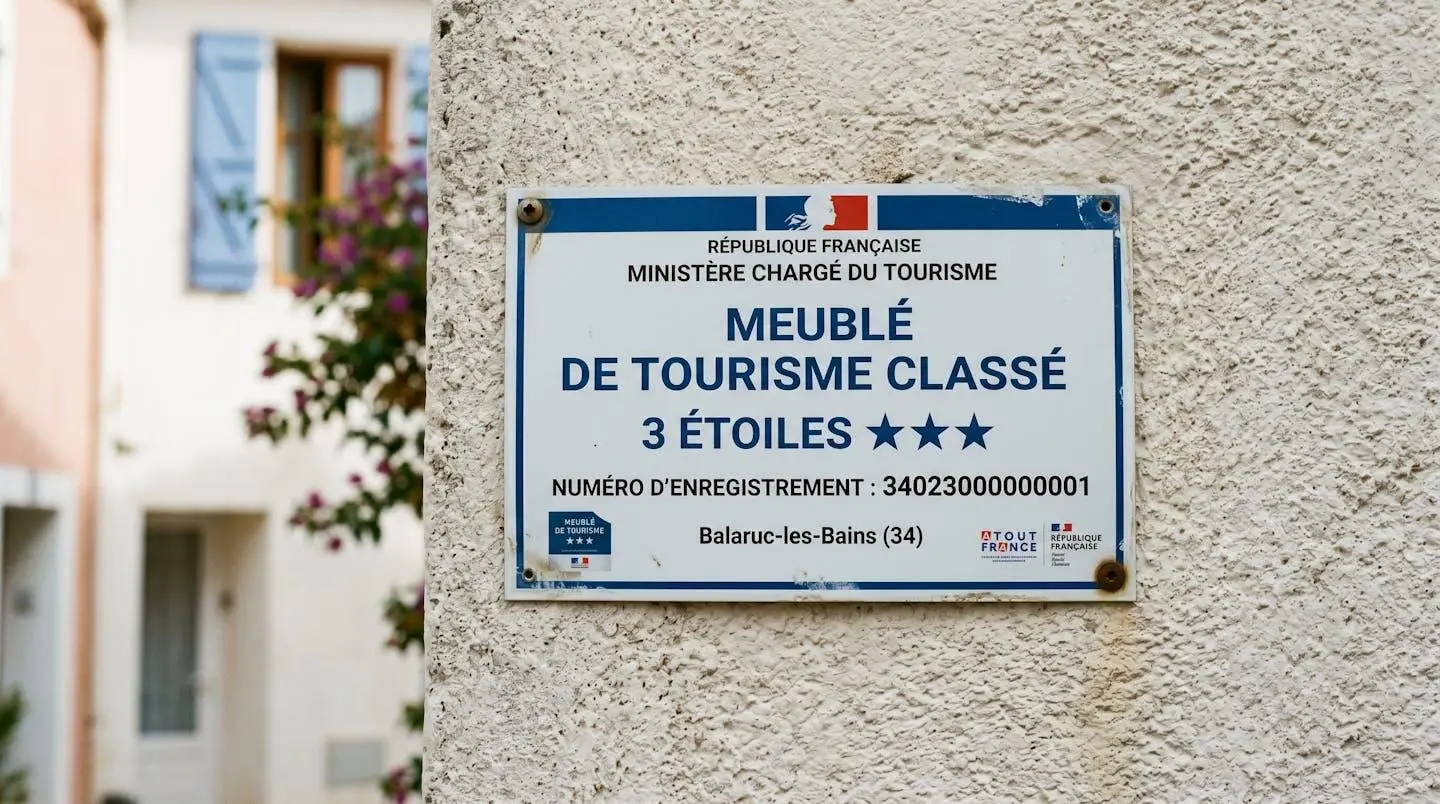 Gros plan sur une plaque officielle de numéro d'enregistrement d'un meublé de tourisme classé avec étoiles, apposée sur le mur extérieur d'un immeuble à Balaruc-les-Bains