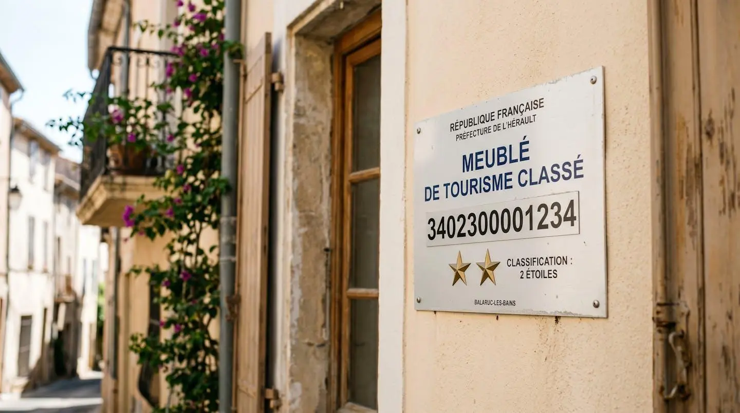 Gros plan sur une plaque officielle de numéro d'enregistrement d'un meublé de tourisme classé avec étoiles, apposée sur le mur extérieur d'un immeuble à Balaruc-les-Bains