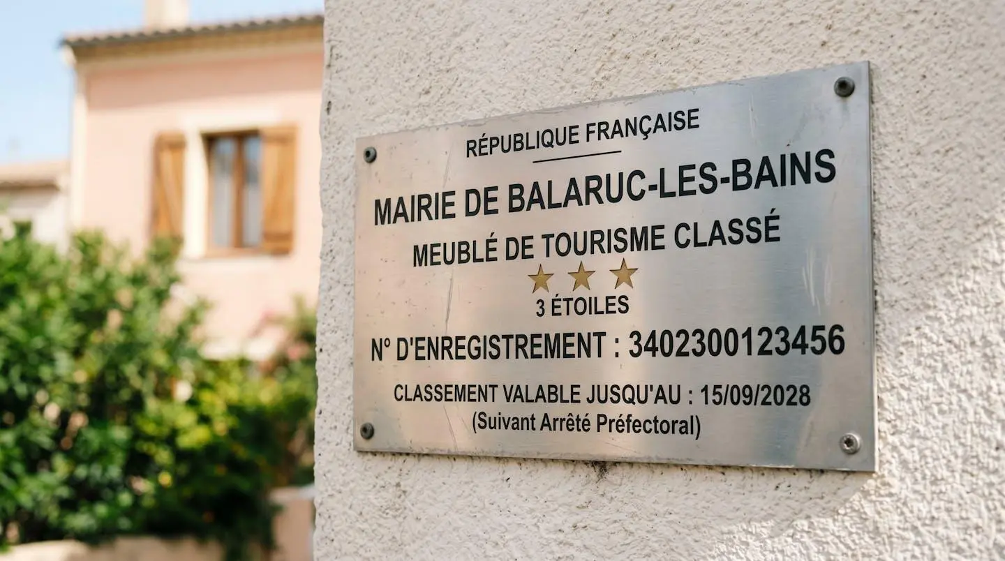 Gros plan sur une plaque officielle de numéro d'enregistrement d'un meublé de tourisme classé avec étoiles, apposée sur le mur extérieur d'un immeuble à Balaruc-les-Bains
