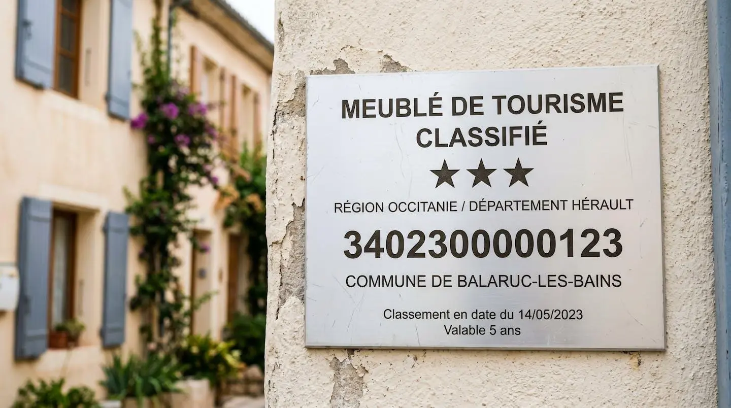 Gros plan sur une plaque officielle de numéro d'enregistrement d'un meublé de tourisme classé avec étoiles, apposée sur le mur extérieur d'un immeuble à Balaruc-les-Bains