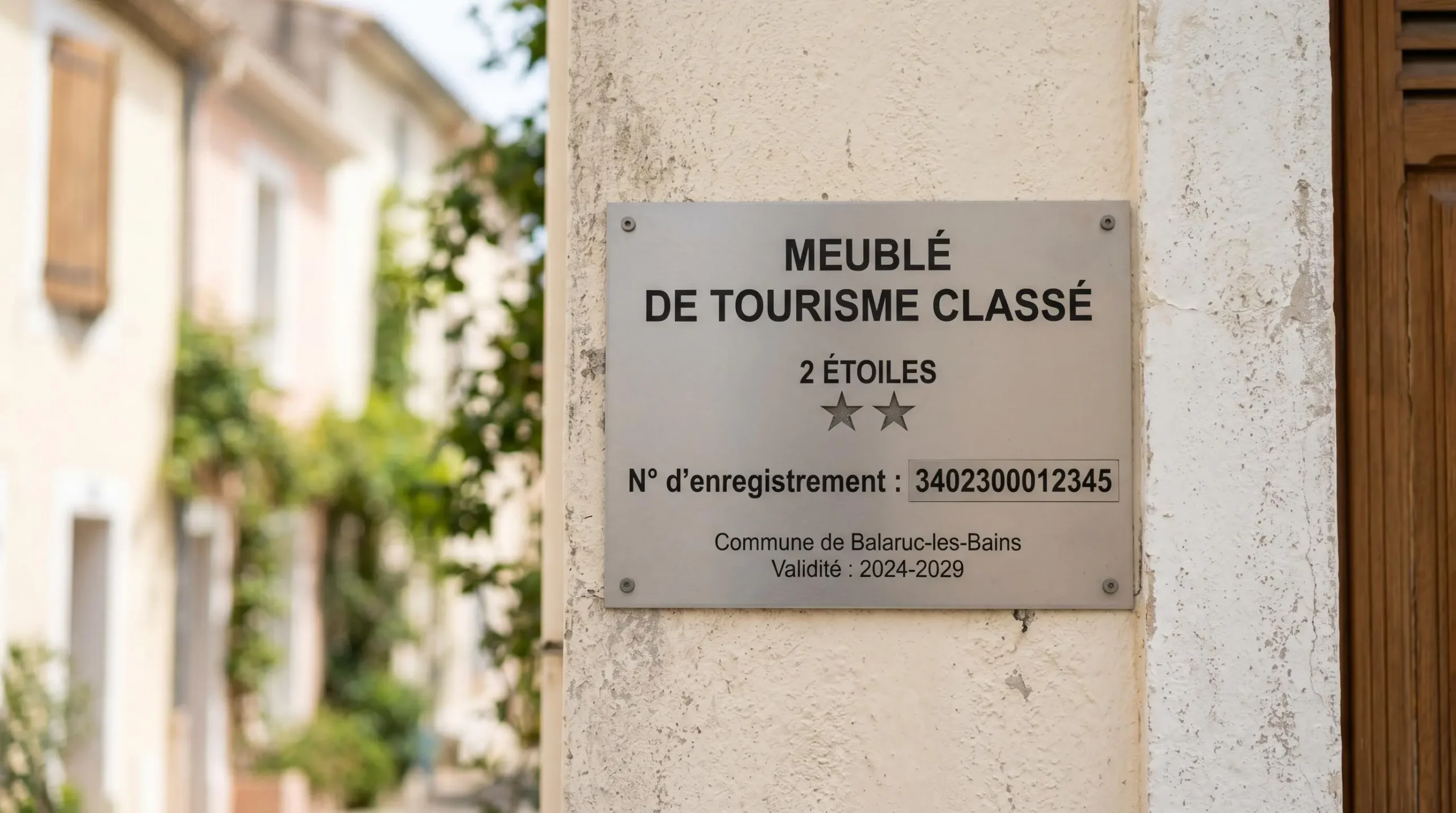 Gros plan sur une plaque officielle de numéro d'enregistrement d'un meublé de tourisme classé avec étoiles, apposée sur le mur extérieur d'un immeuble à Balaruc-les-Bains