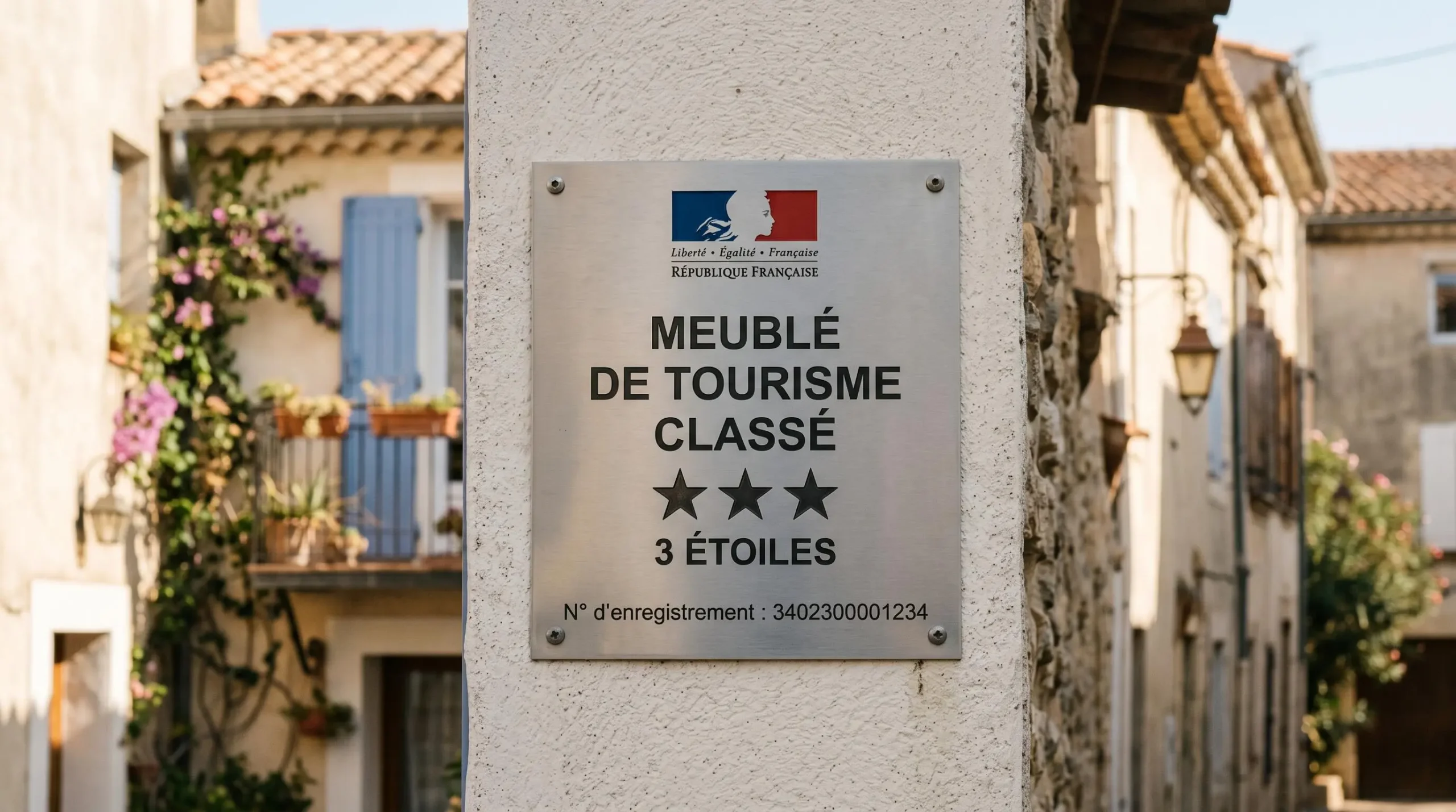 Gros plan sur une plaque officielle de numéro d'enregistrement d'un meublé de tourisme classé avec étoiles, apposée sur le mur extérieur d'un immeuble à Balaruc-les-Bains