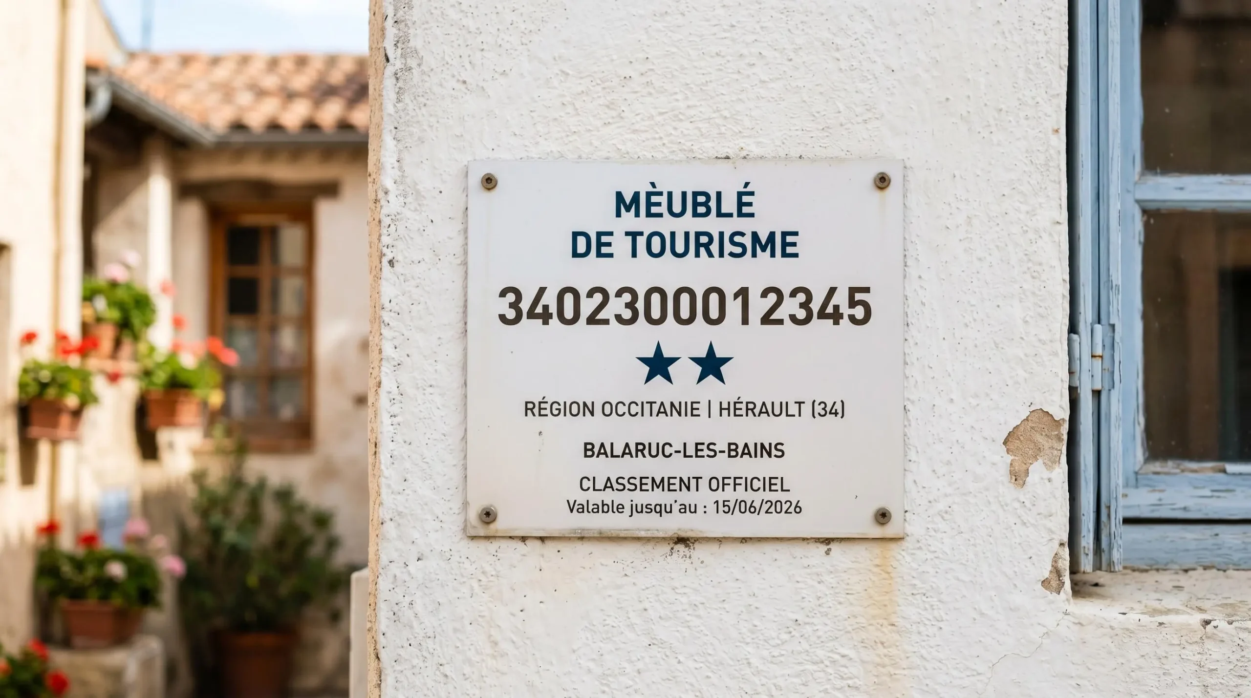 Gros plan sur une plaque officielle de numéro d'enregistrement d'un meublé de tourisme classé avec étoiles, apposée sur le mur extérieur d'un immeuble à Balaruc-les-Bains