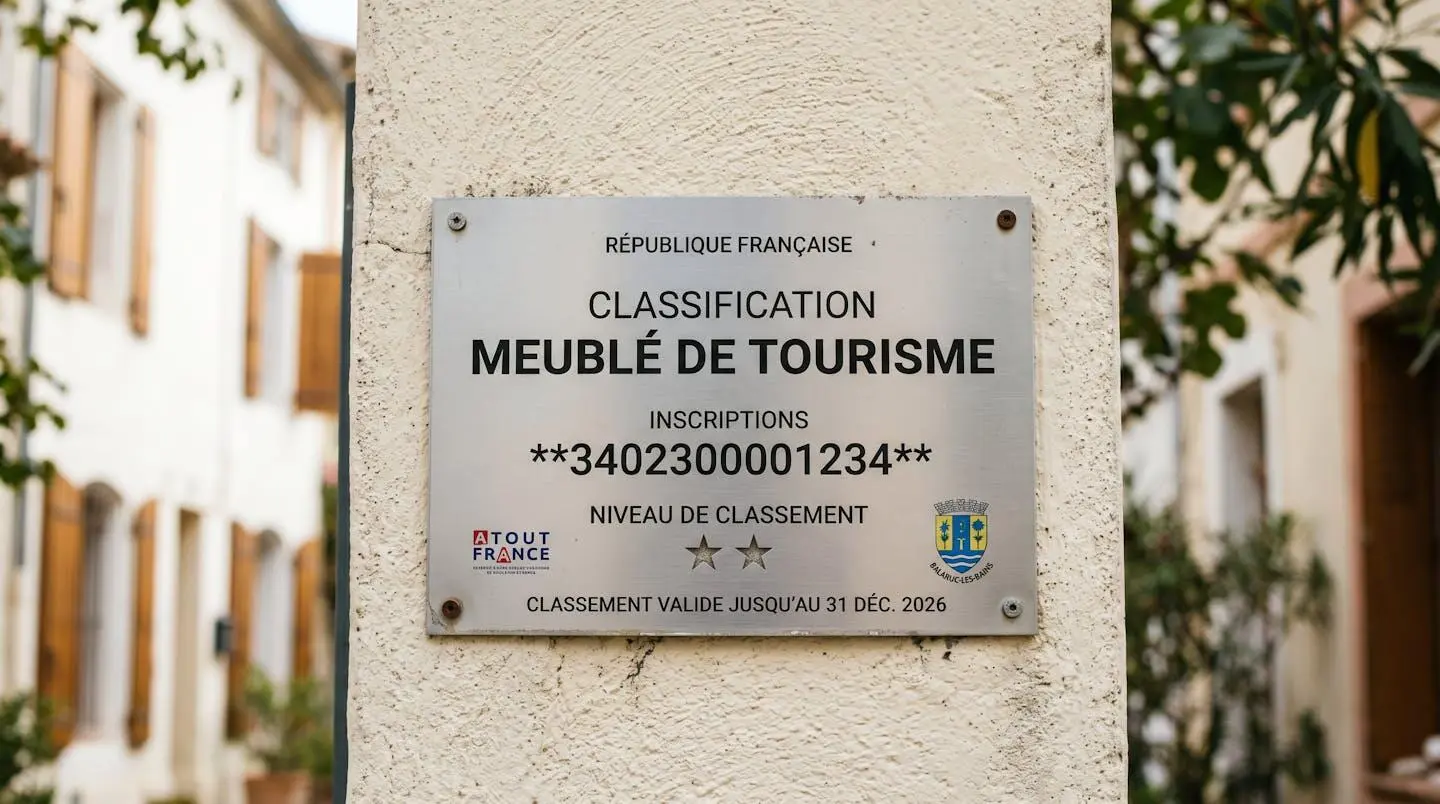 Gros plan sur une plaque officielle de numéro d'enregistrement d'un meublé de tourisme classé avec étoiles, apposée sur le mur extérieur d'un immeuble à Balaruc-les-Bains