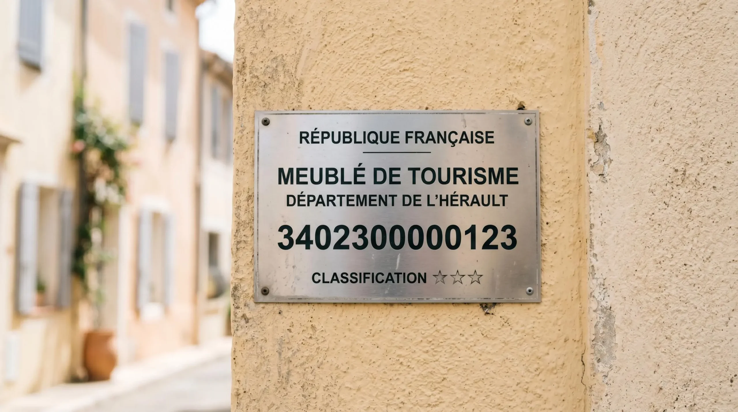 Gros plan sur une plaque officielle de numéro d'enregistrement d'un meublé de tourisme classé avec étoiles, apposée sur le mur extérieur d'un immeuble à Balaruc-les-Bains