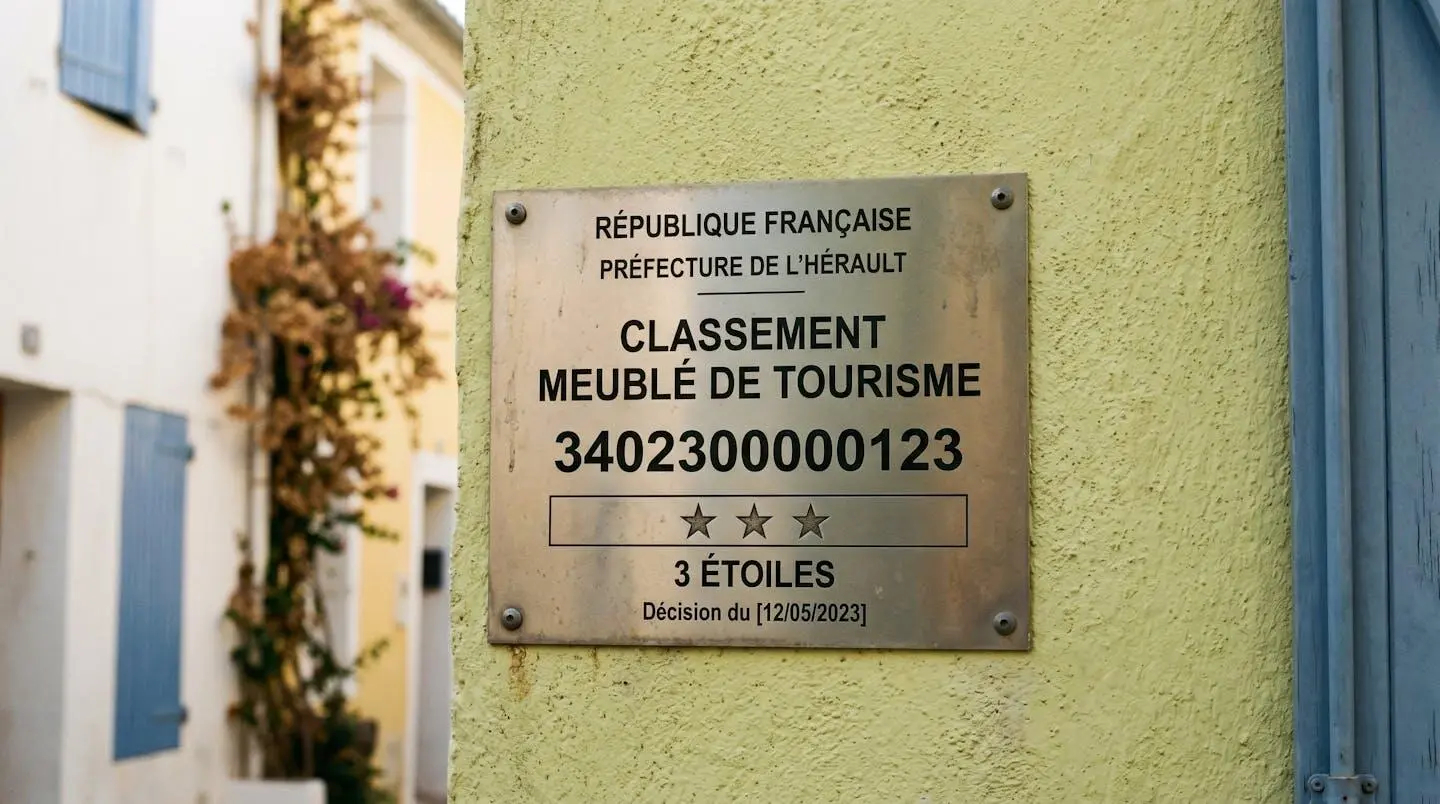 Gros plan sur une plaque officielle de numéro d'enregistrement d'un meublé de tourisme classé avec étoiles, apposée sur le mur extérieur d'un immeuble à Balaruc-les-Bains