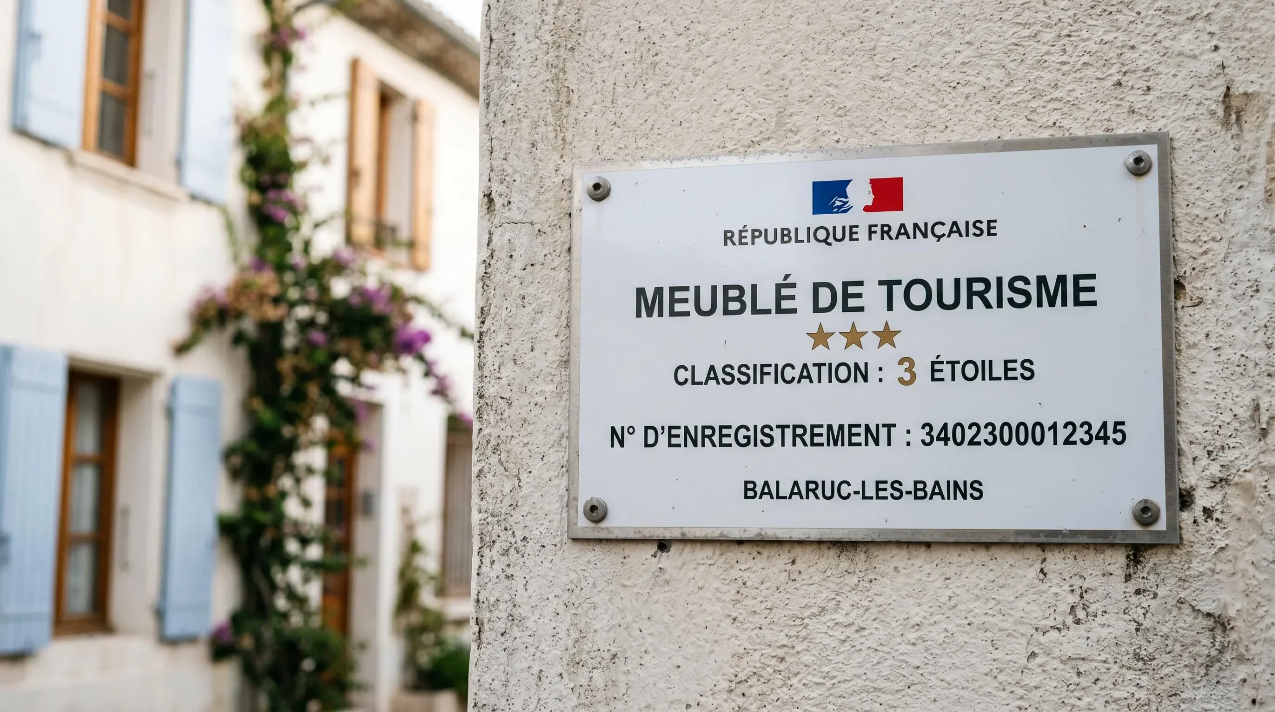 Gros plan sur une plaque officielle de numéro d'enregistrement d'un meublé de tourisme classé avec étoiles, apposée sur le mur extérieur d'un immeuble à Balaruc-les-Bains