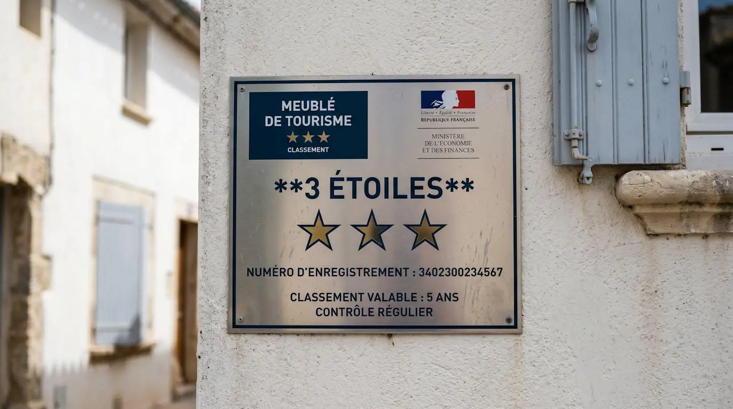 Gros plan sur une plaque officielle de numéro d'enregistrement d'un meublé de tourisme classé avec étoiles, apposée sur le mur extérieur d'un immeuble à Balaruc-les-Bains