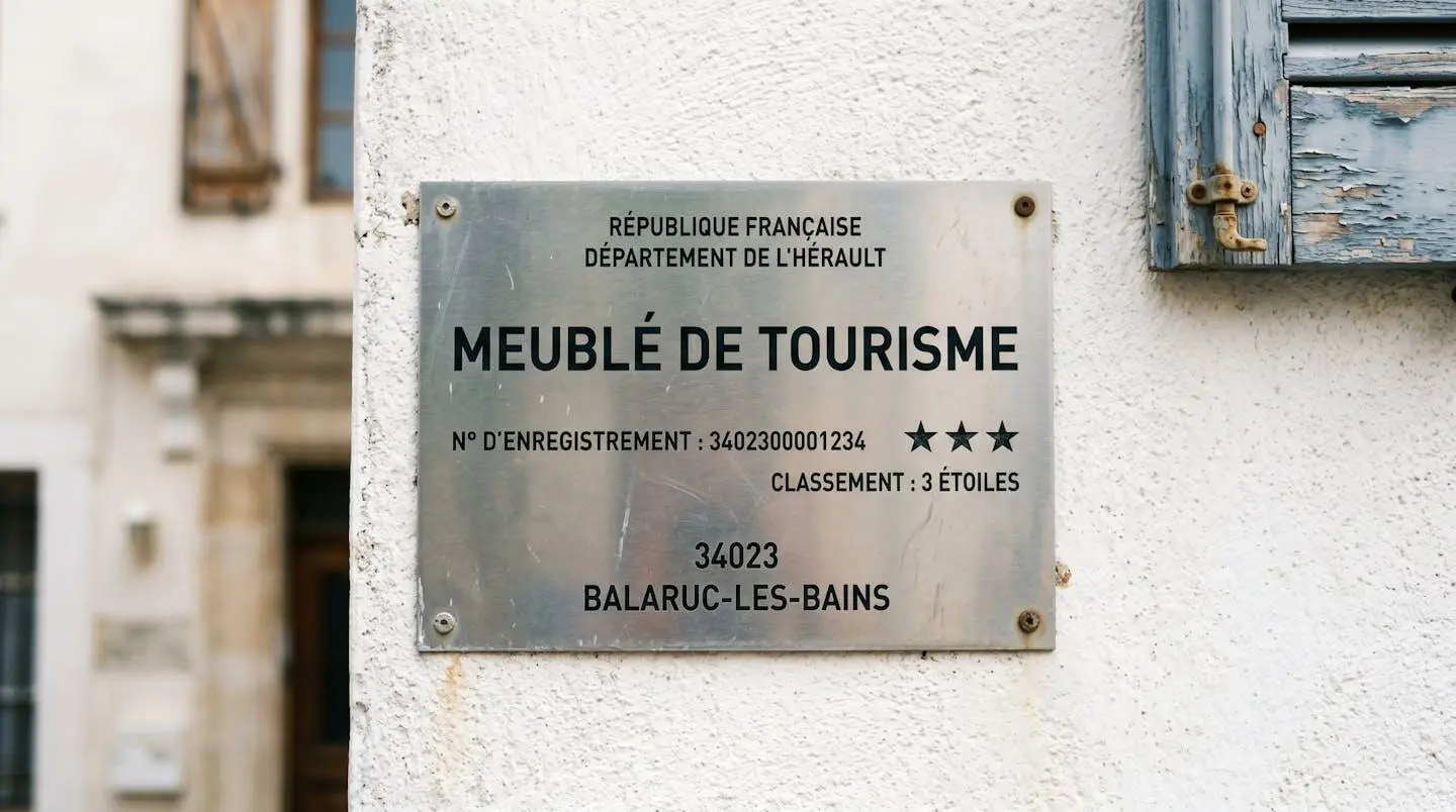 Gros plan sur une plaque officielle de numéro d'enregistrement d'un meublé de tourisme classé avec étoiles, apposée sur le mur extérieur d'un immeuble à Balaruc-les-Bains