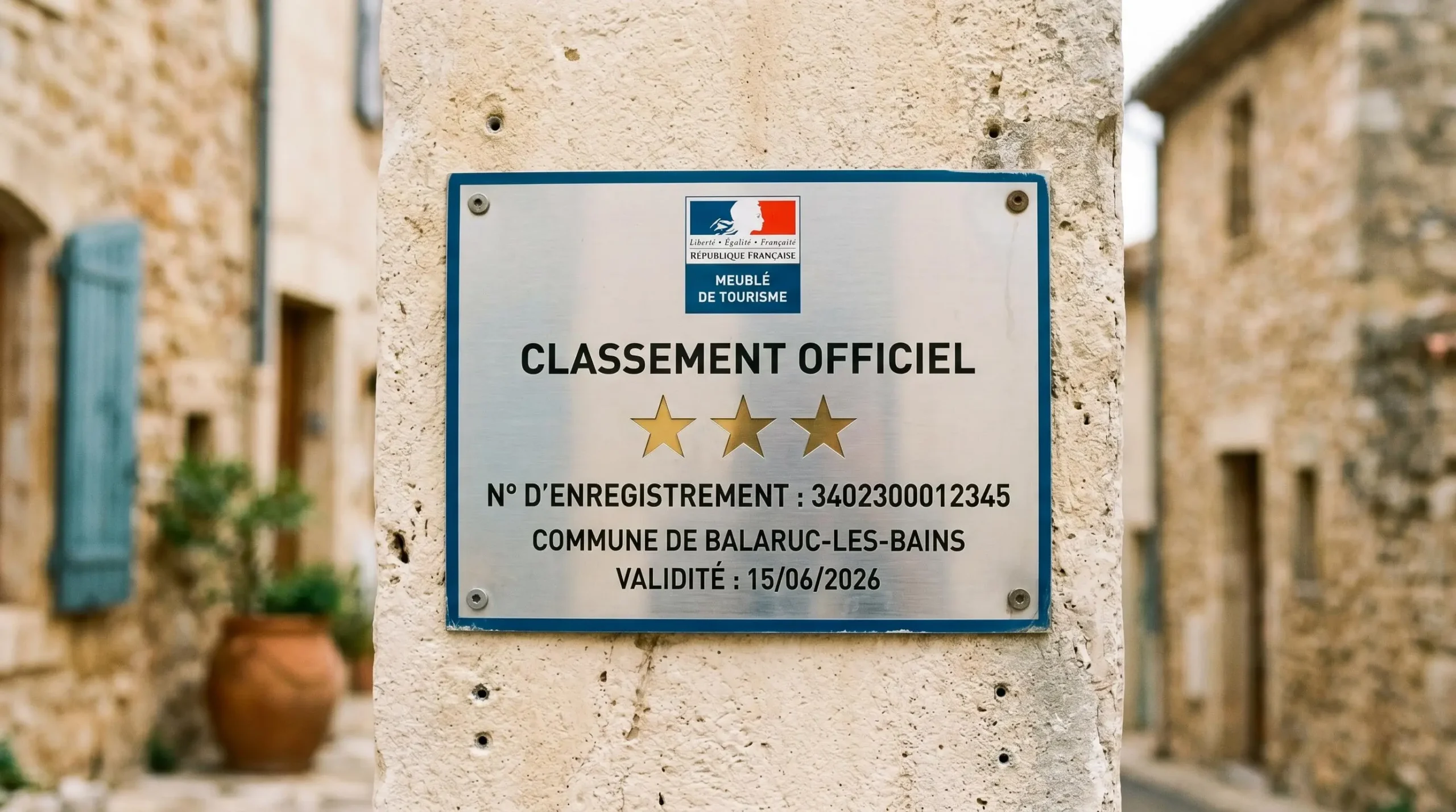 Gros plan sur une plaque officielle de numéro d'enregistrement d'un meublé de tourisme classé avec étoiles, apposée sur le mur extérieur d'un immeuble à Balaruc-les-Bains
