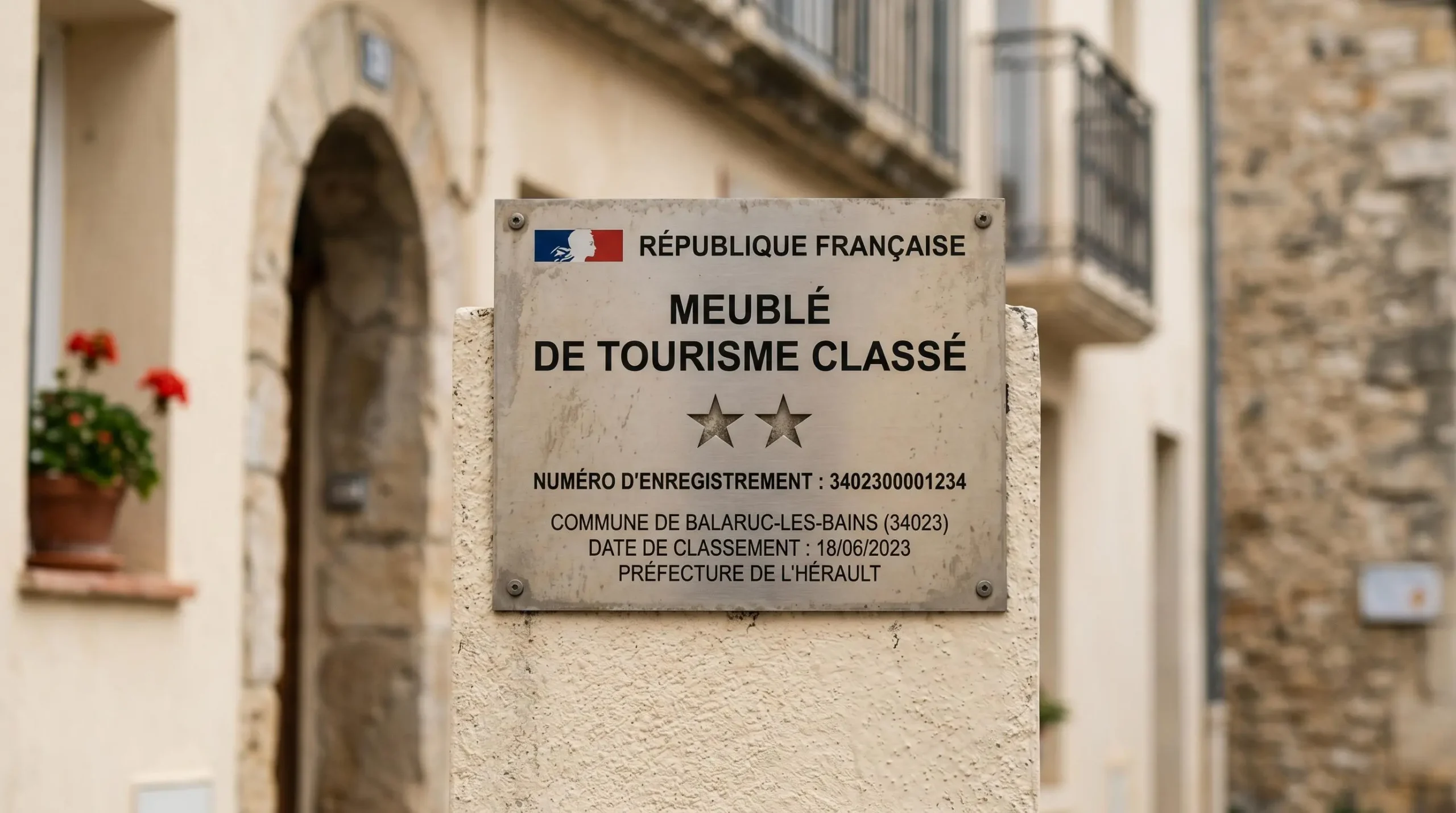 Gros plan sur une plaque officielle de numéro d'enregistrement d'un meublé de tourisme classé avec étoiles, apposée sur le mur extérieur d'un immeuble à Balaruc-les-Bains