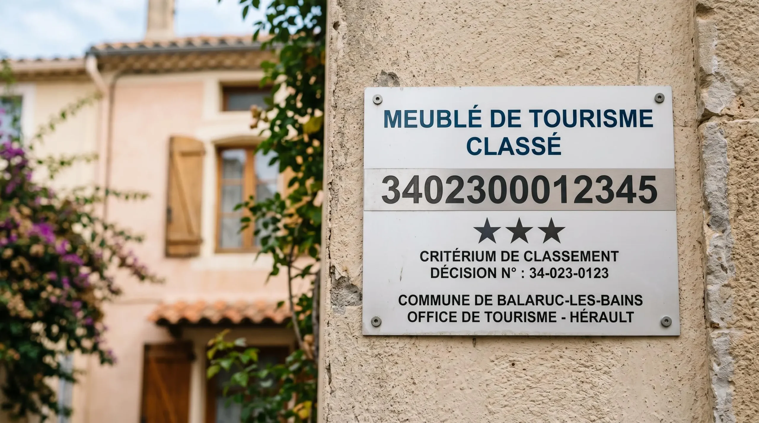 Gros plan sur une plaque officielle de numéro d'enregistrement d'un meublé de tourisme classé avec étoiles, apposée sur le mur extérieur d'un immeuble à Balaruc-les-Bains