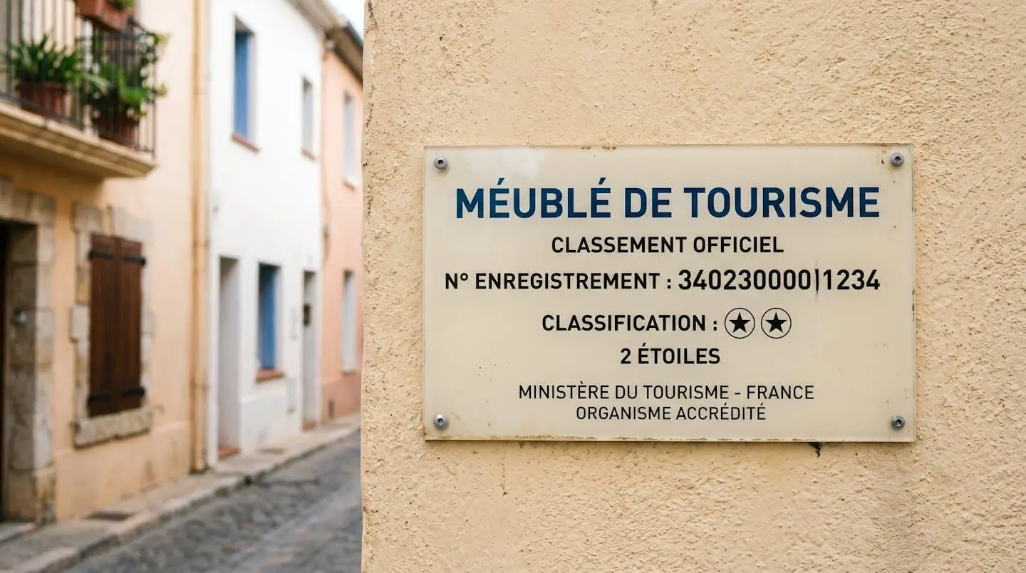 Gros plan sur une plaque officielle de numéro d'enregistrement d'un meublé de tourisme classé avec étoiles, apposée sur le mur extérieur d'un immeuble à Balaruc-les-Bains