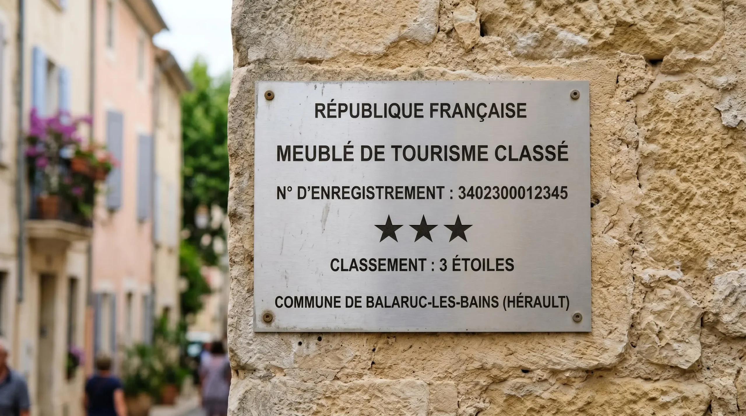 Gros plan sur une plaque officielle de numéro d'enregistrement d'un meublé de tourisme classé avec étoiles, apposée sur le mur extérieur d'un immeuble à Balaruc-les-Bains