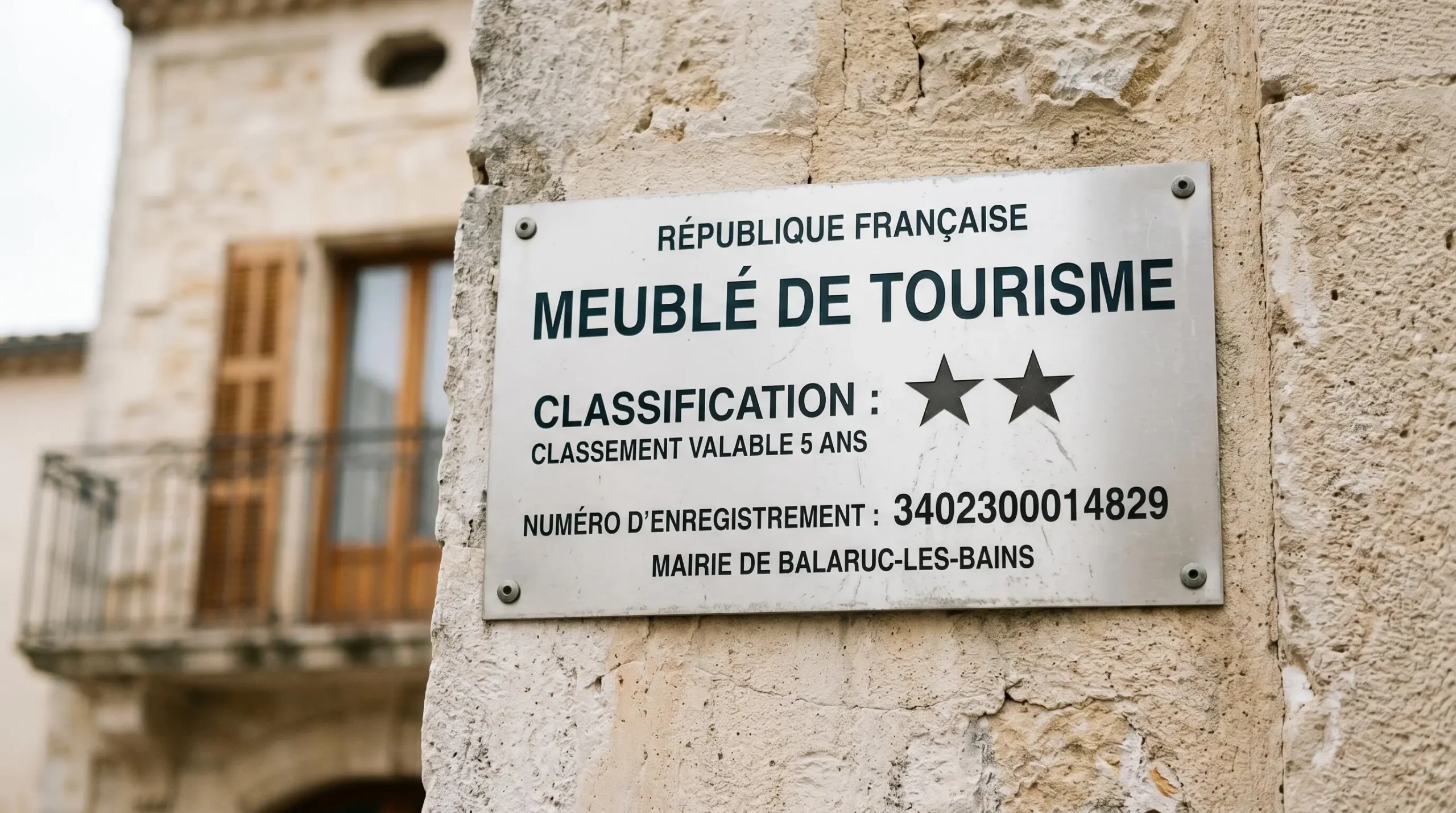 Gros plan sur une plaque officielle de numéro d'enregistrement d'un meublé de tourisme classé avec étoiles, apposée sur le mur extérieur d'un immeuble à Balaruc-les-Bains