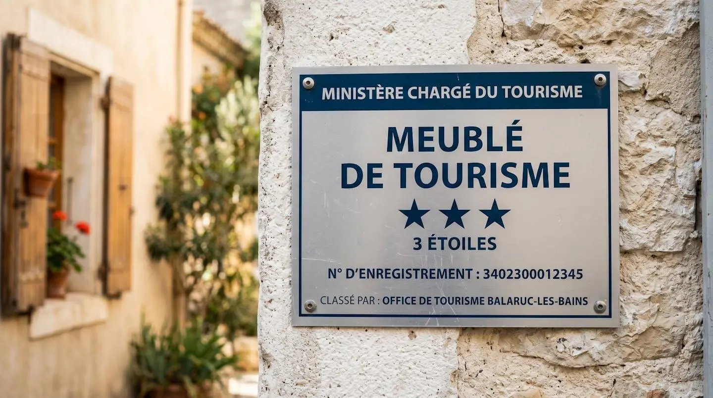 Gros plan sur une plaque officielle de numéro d'enregistrement d'un meublé de tourisme classé avec étoiles, apposée sur le mur extérieur d'un immeuble à Balaruc-les-Bains