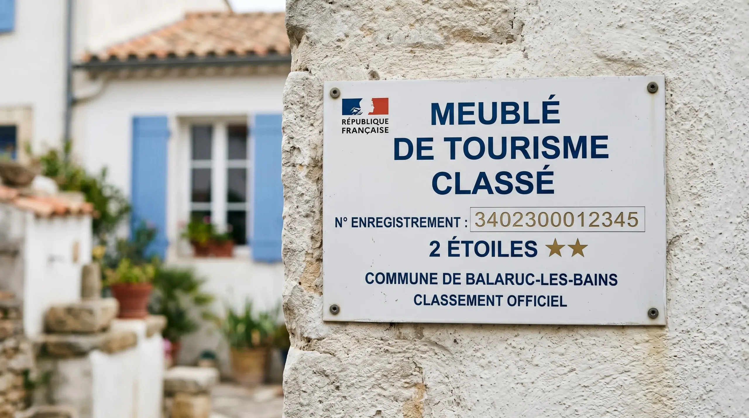 Gros plan sur une plaque officielle de numéro d'enregistrement d'un meublé de tourisme classé avec étoiles, apposée sur le mur extérieur d'un immeuble à Balaruc-les-Bains