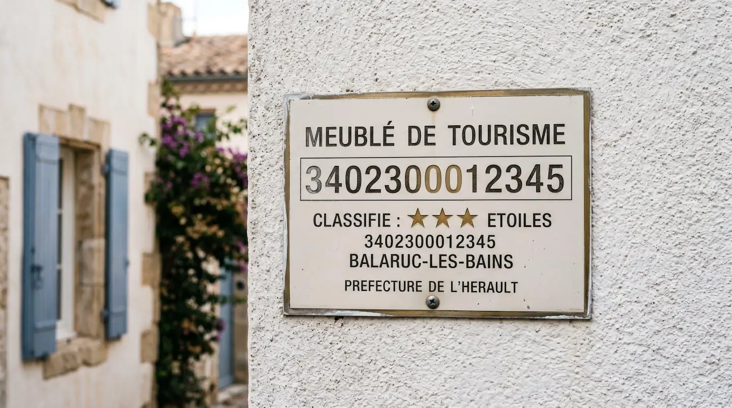 Gros plan sur une plaque officielle de numéro d'enregistrement d'un meublé de tourisme classé avec étoiles, apposée sur le mur extérieur d'un immeuble à Balaruc-les-Bains
