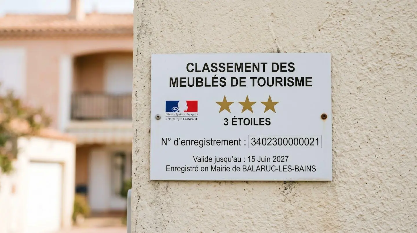 Gros plan sur une plaque officielle de numéro d'enregistrement d'un meublé de tourisme classé avec étoiles, apposée sur le mur extérieur d'un immeuble à Balaruc-les-Bains