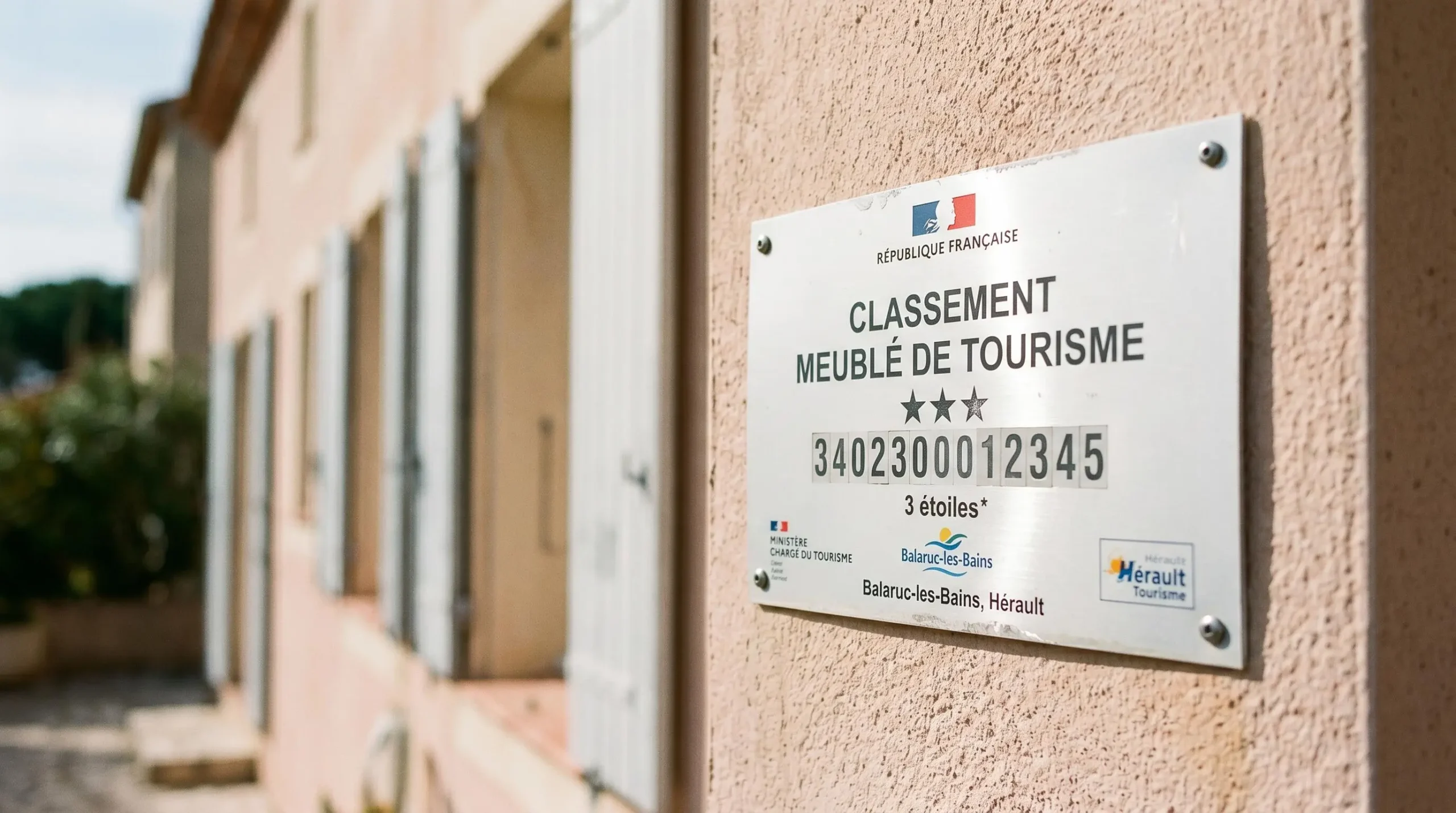 Gros plan sur une plaque officielle de numéro d'enregistrement d'un meublé de tourisme classé avec étoiles, apposée sur le mur extérieur d'un immeuble à Balaruc-les-Bains