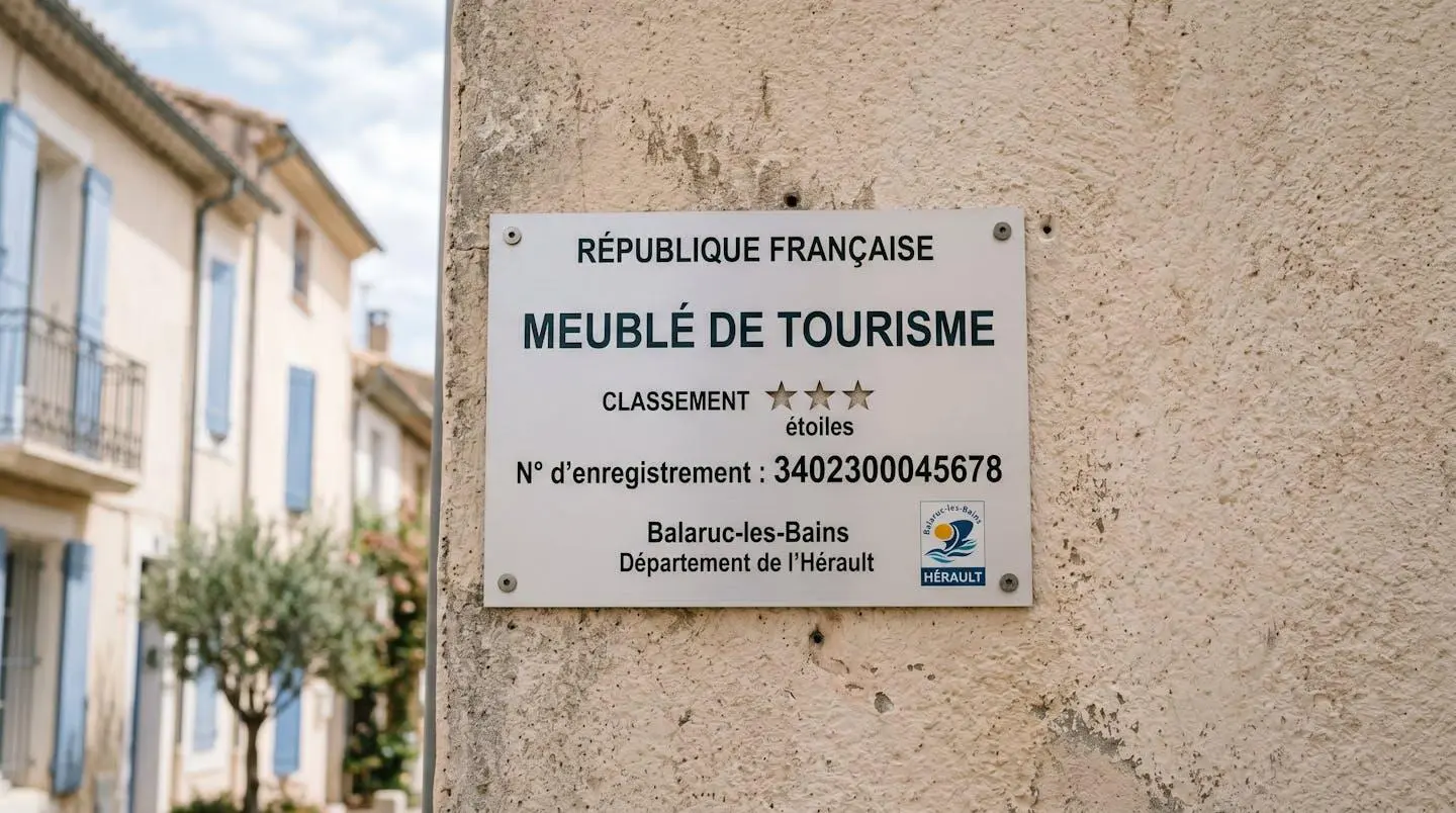 Gros plan sur une plaque officielle de numéro d'enregistrement d'un meublé de tourisme classé avec étoiles, apposée sur le mur extérieur d'un immeuble à Balaruc-les-Bains