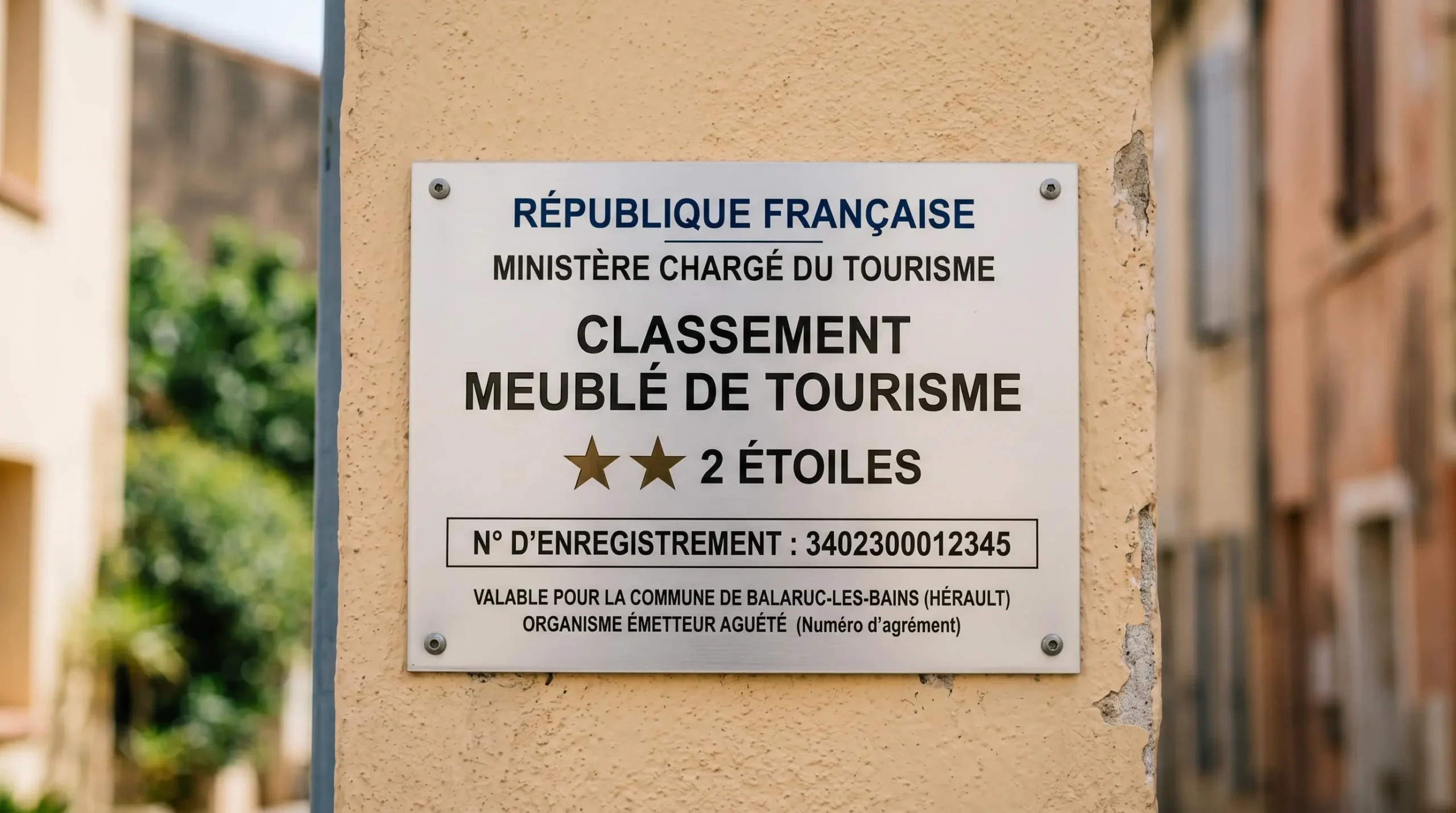 Gros plan sur une plaque officielle de numéro d'enregistrement d'un meublé de tourisme classé avec étoiles, apposée sur le mur extérieur d'un immeuble à Balaruc-les-Bains