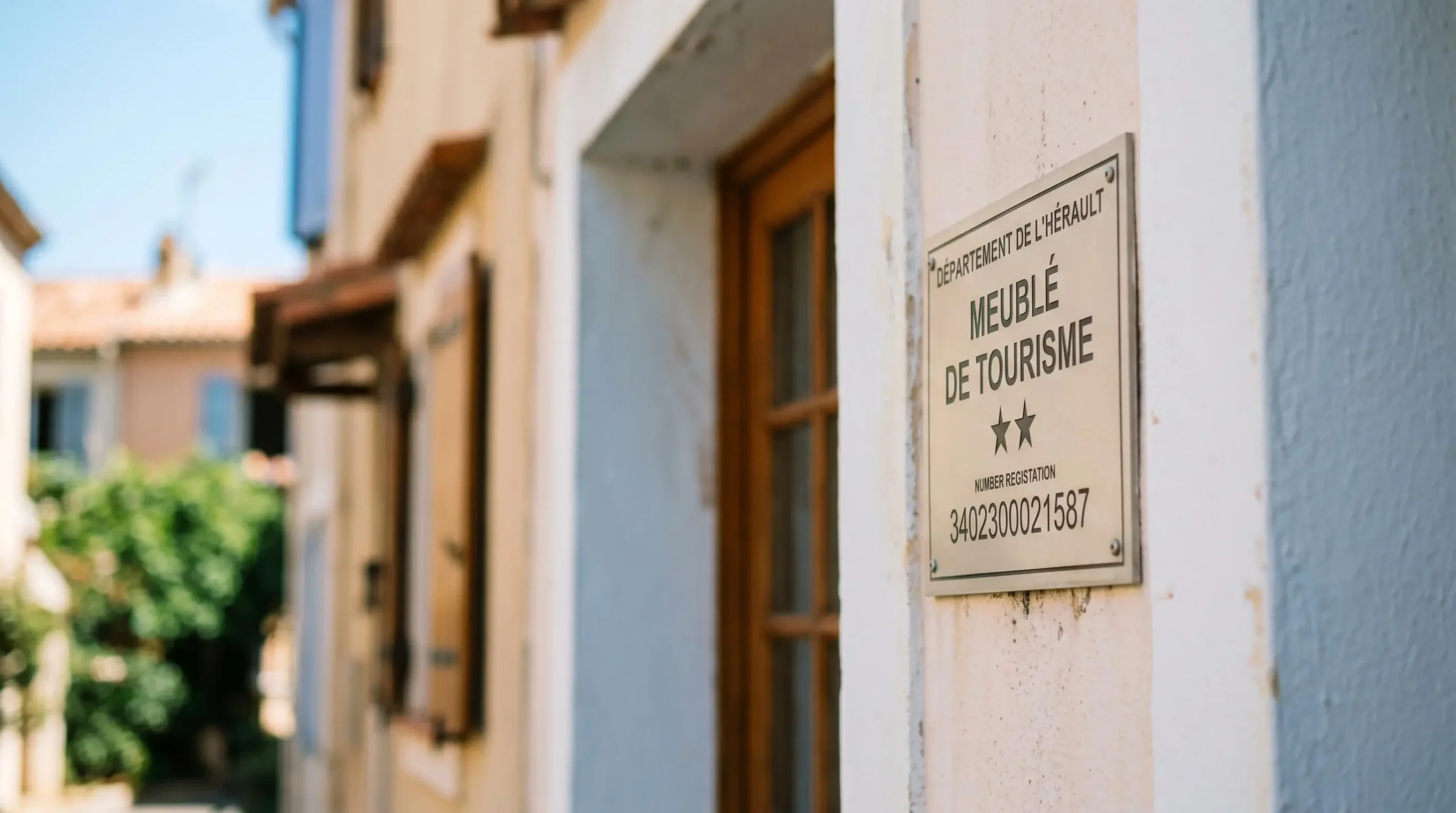 Gros plan sur une plaque officielle de numéro d'enregistrement d'un meublé de tourisme classé avec étoiles, apposée sur le mur extérieur d'un immeuble à Balaruc-les-Bains