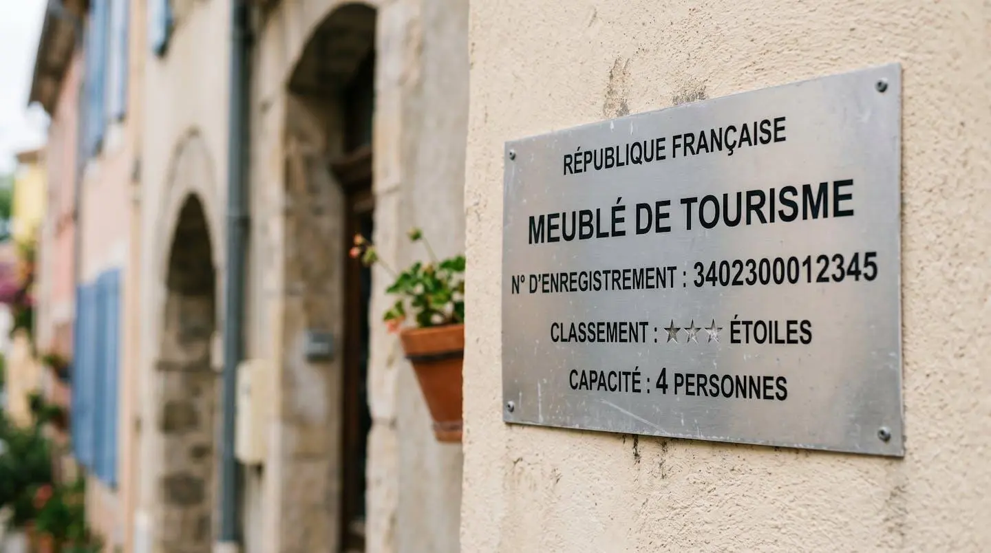Gros plan sur une plaque officielle de numéro d'enregistrement d'un meublé de tourisme classé avec étoiles, apposée sur le mur extérieur d'un immeuble à Balaruc-les-Bains