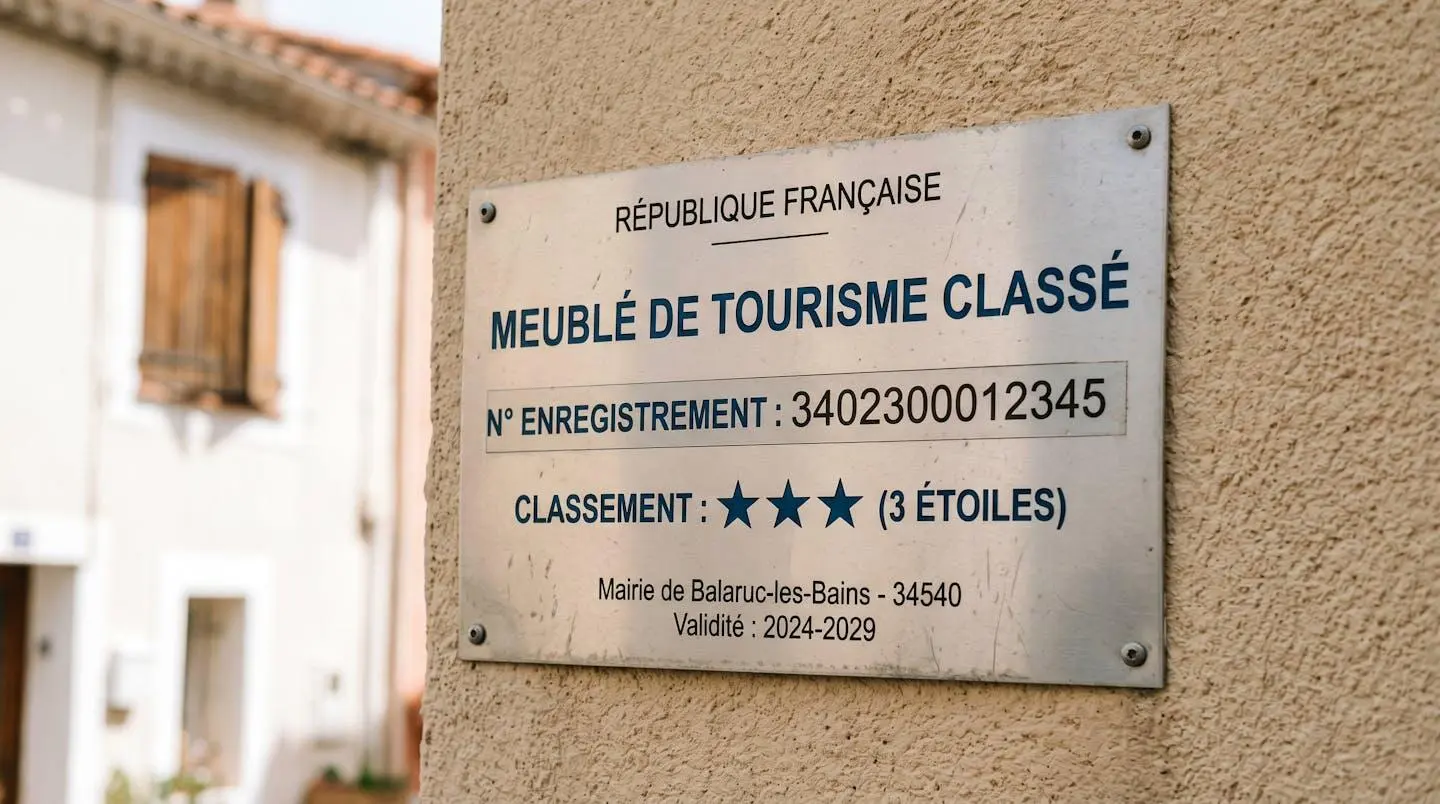 Gros plan sur une plaque officielle de numéro d'enregistrement d'un meublé de tourisme classé avec étoiles, apposée sur le mur extérieur d'un immeuble à Balaruc-les-Bains