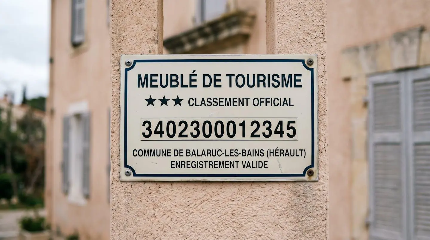 Gros plan sur une plaque officielle de numéro d'enregistrement d'un meublé de tourisme classé avec étoiles, apposée sur le mur extérieur d'un immeuble à Balaruc-les-Bains