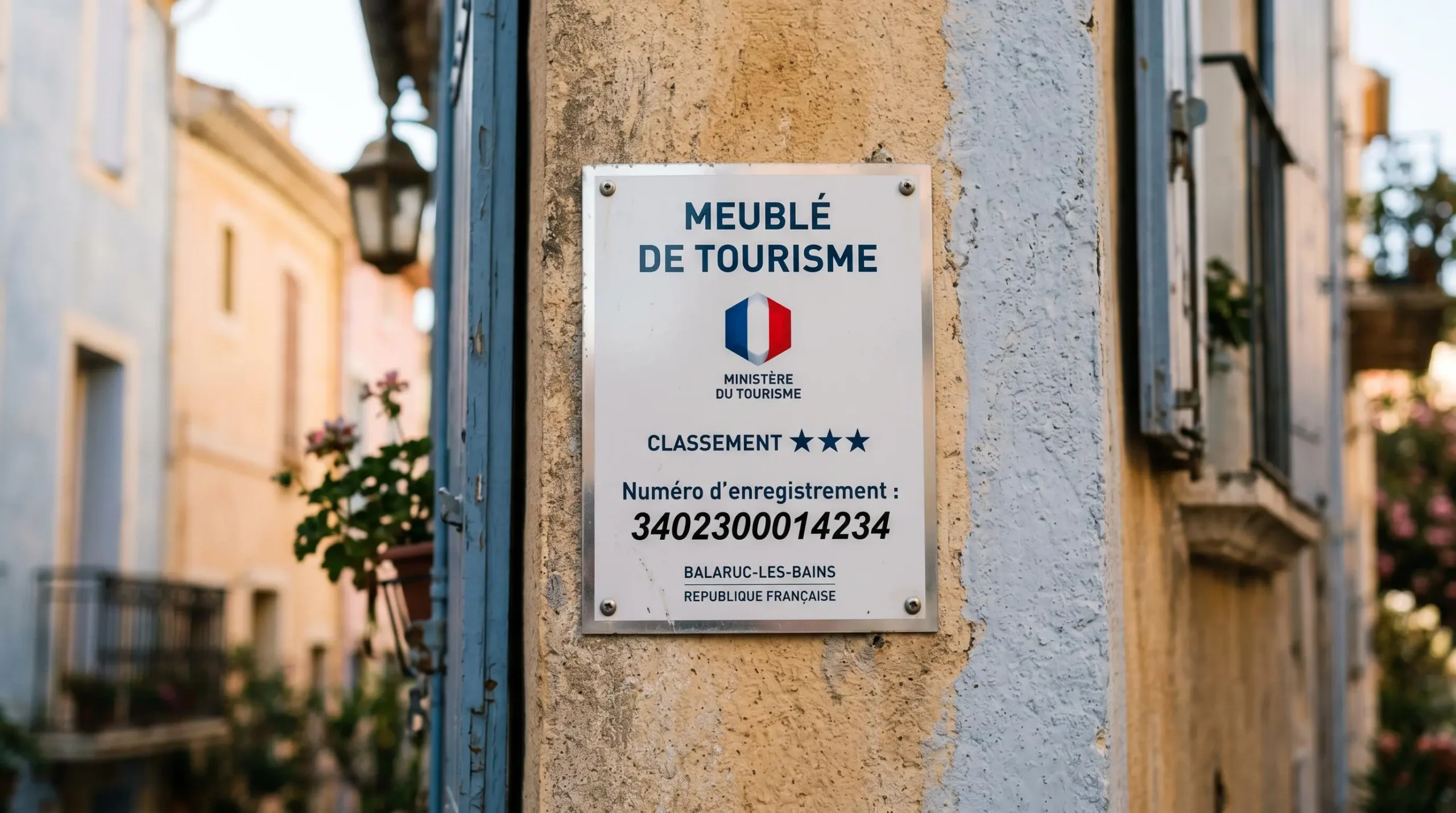 Gros plan sur une plaque officielle de numéro d'enregistrement d'un meublé de tourisme classé avec étoiles, apposée sur le mur extérieur d'un immeuble à Balaruc-les-Bains