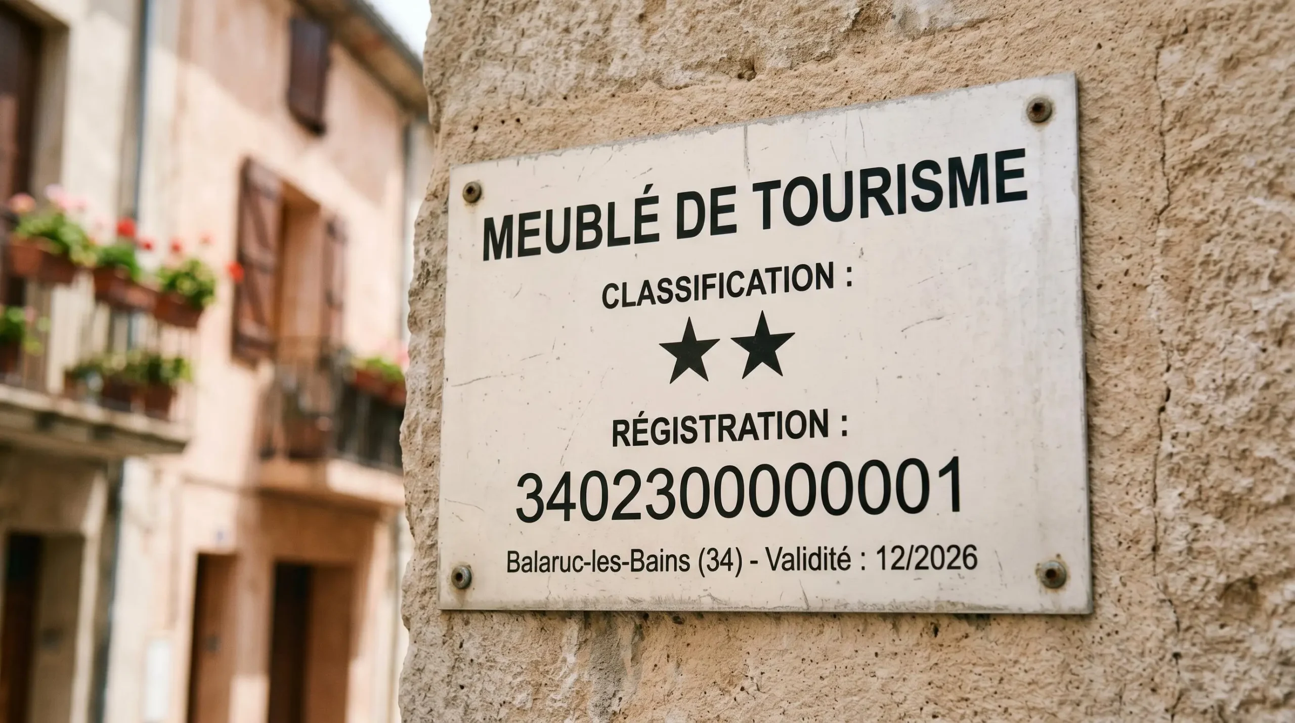 Gros plan sur une plaque officielle de numéro d'enregistrement d'un meublé de tourisme classé avec étoiles, apposée sur le mur extérieur d'un immeuble à Balaruc-les-Bains