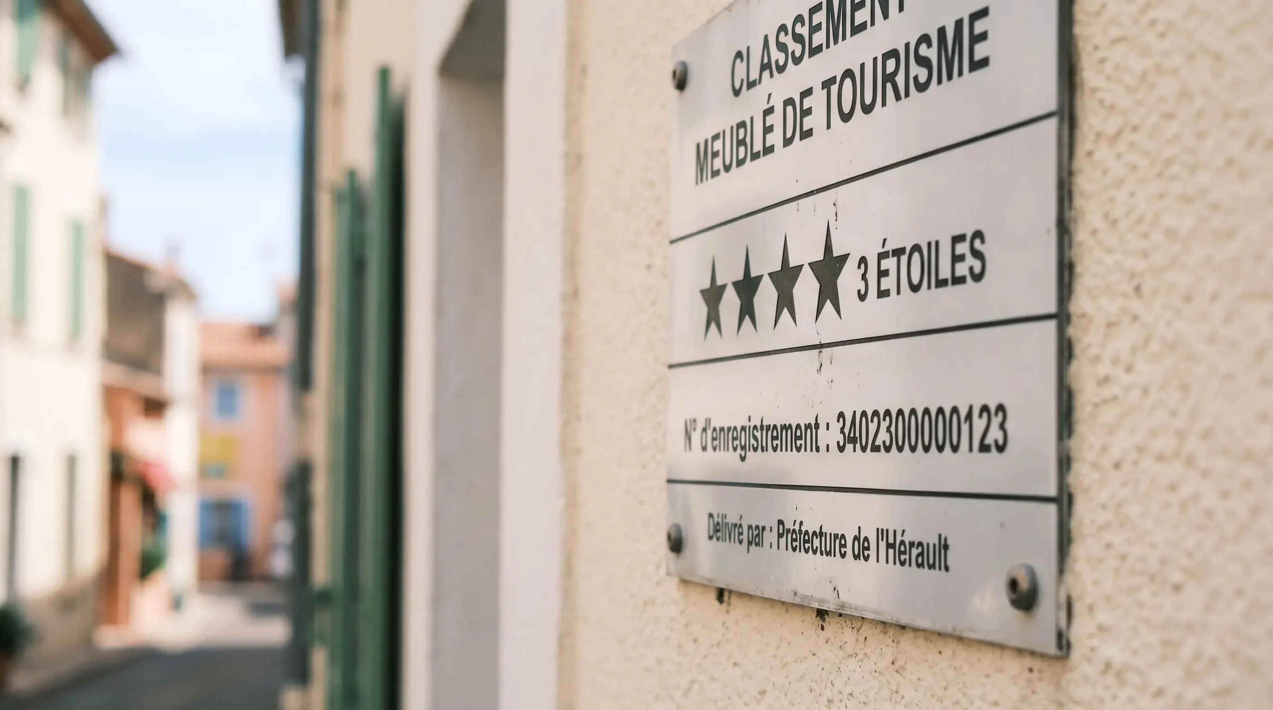 Gros plan sur une plaque officielle de numéro d'enregistrement d'un meublé de tourisme classé avec étoiles, apposée sur le mur extérieur d'un immeuble à Balaruc-les-Bains