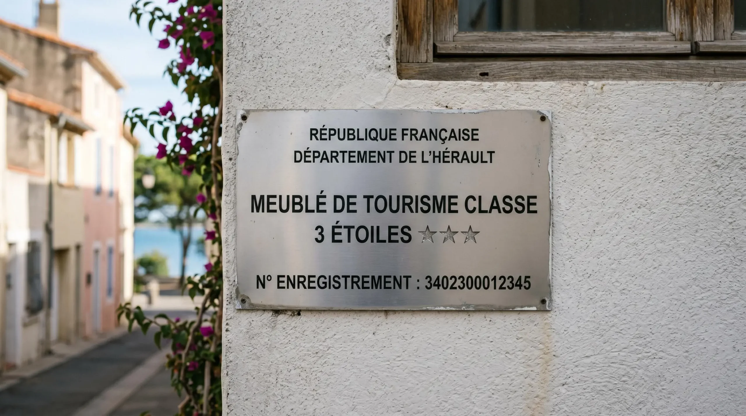 Gros plan sur une plaque officielle de numéro d'enregistrement d'un meublé de tourisme classé avec étoiles, apposée sur le mur extérieur d'un immeuble à Balaruc-les-Bains