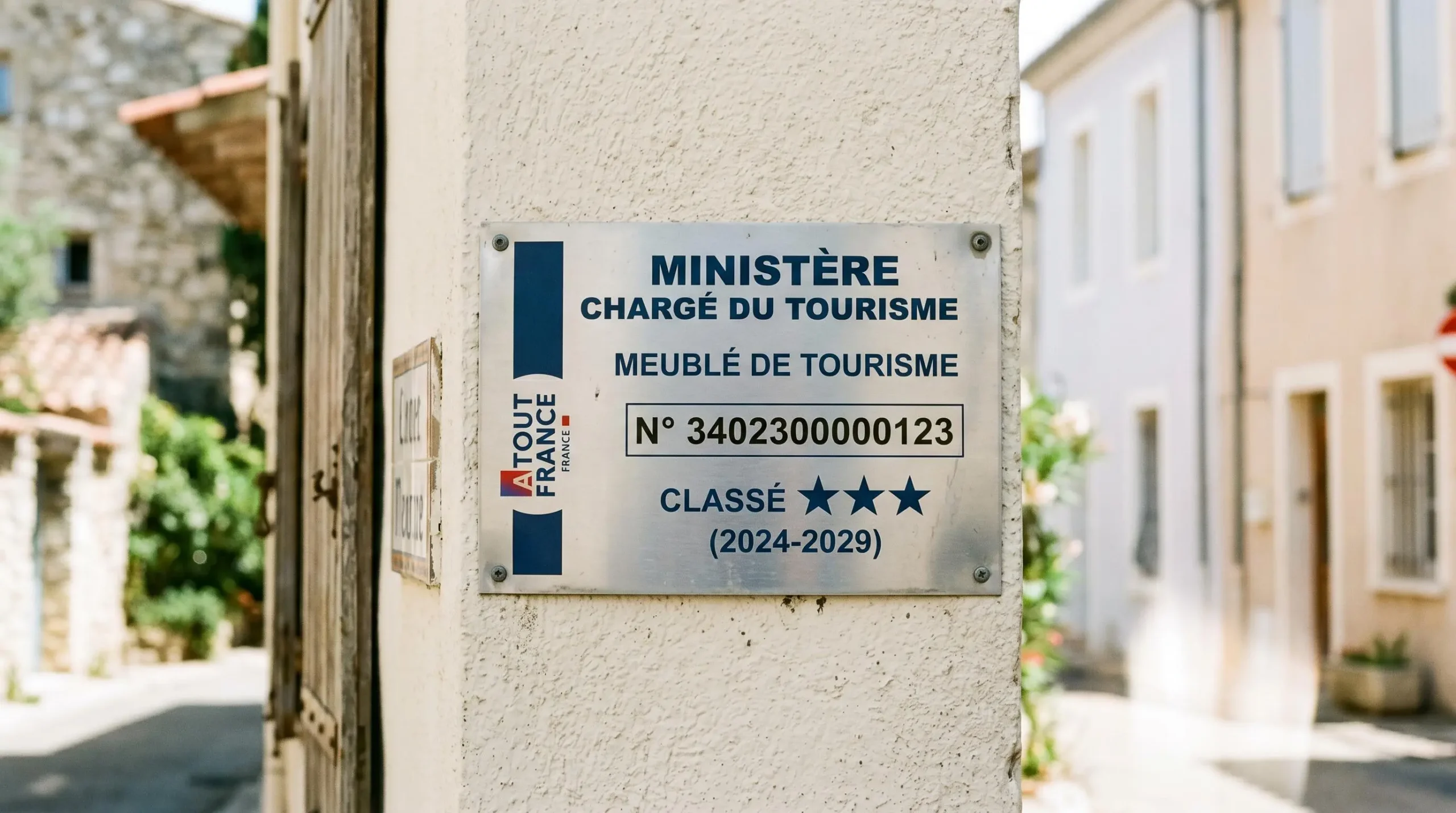 Gros plan sur une plaque officielle de numéro d'enregistrement d'un meublé de tourisme classé avec étoiles, apposée sur le mur extérieur d'un immeuble à Balaruc-les-Bains