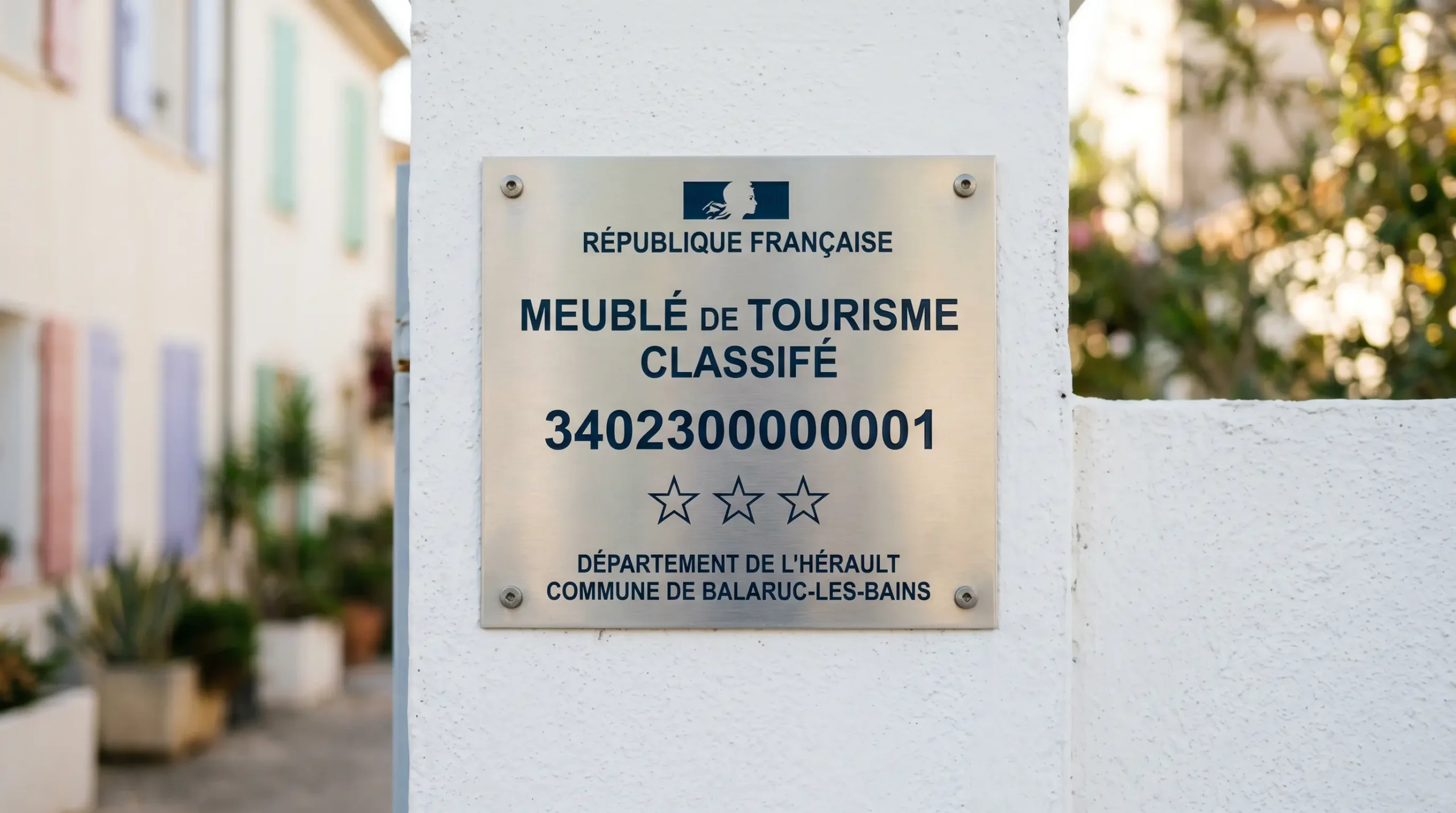 Gros plan sur une plaque officielle de numéro d'enregistrement d'un meublé de tourisme classé avec étoiles, apposée sur le mur extérieur d'un immeuble à Balaruc-les-Bains