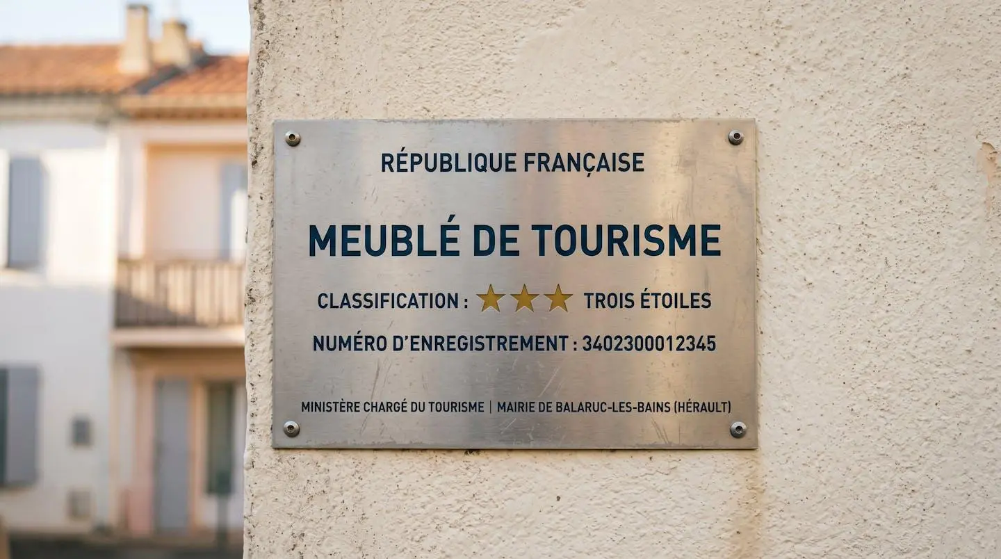 Gros plan sur une plaque officielle de numéro d'enregistrement d'un meublé de tourisme classé avec étoiles, apposée sur le mur extérieur d'un immeuble à Balaruc-les-Bains