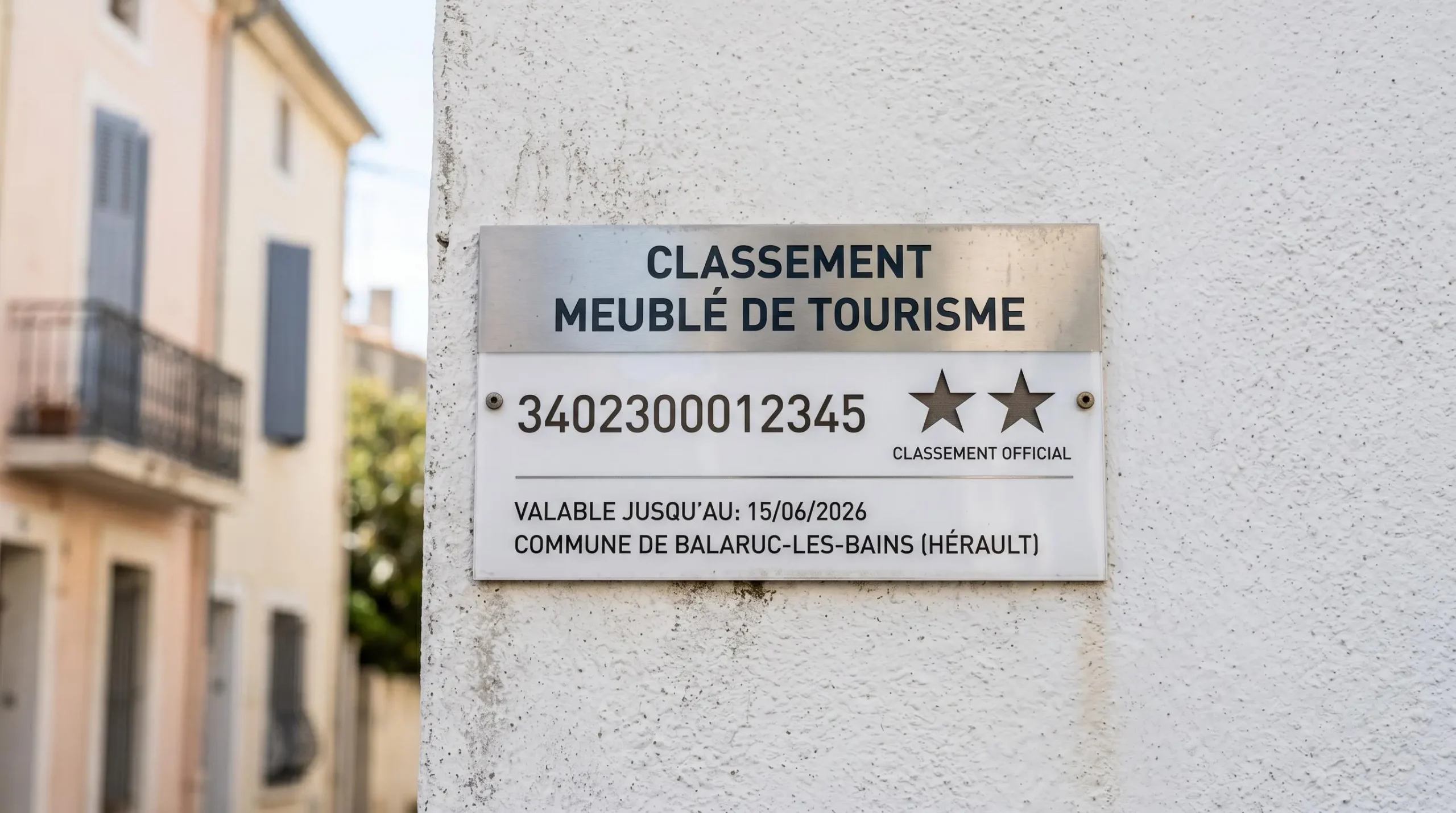 Gros plan sur une plaque officielle de numéro d'enregistrement d'un meublé de tourisme classé avec étoiles, apposée sur le mur extérieur d'un immeuble à Balaruc-les-Bains