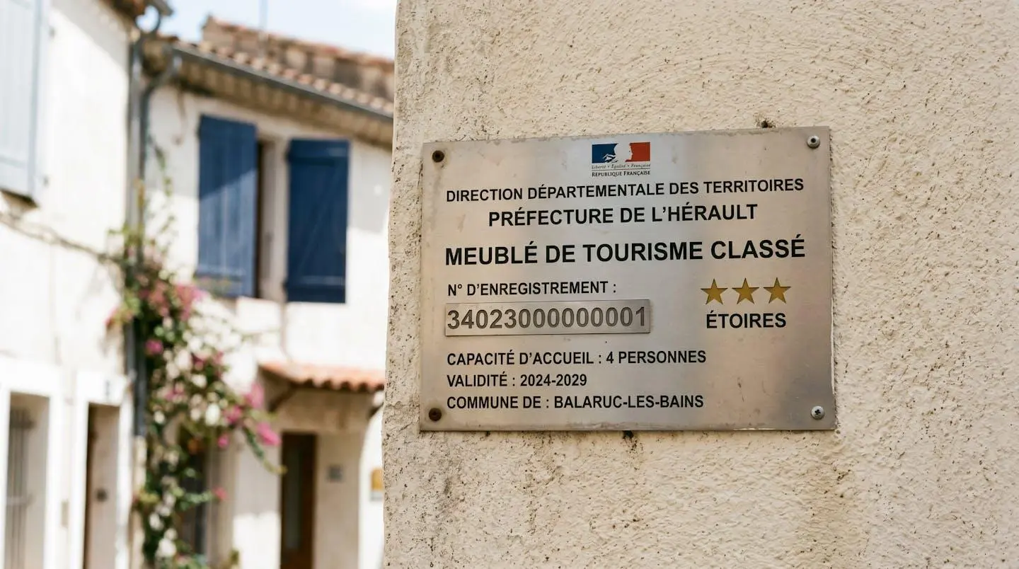 Gros plan sur une plaque officielle de numéro d'enregistrement d'un meublé de tourisme classé avec étoiles, apposée sur le mur extérieur d'un immeuble à Balaruc-les-Bains