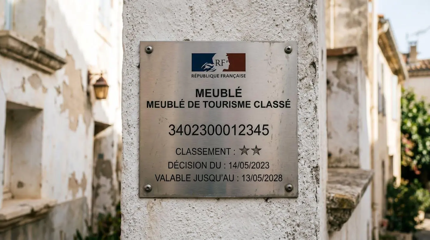 Gros plan sur une plaque officielle de numéro d'enregistrement d'un meublé de tourisme classé avec étoiles, apposée sur le mur extérieur d'un immeuble à Balaruc-les-Bains