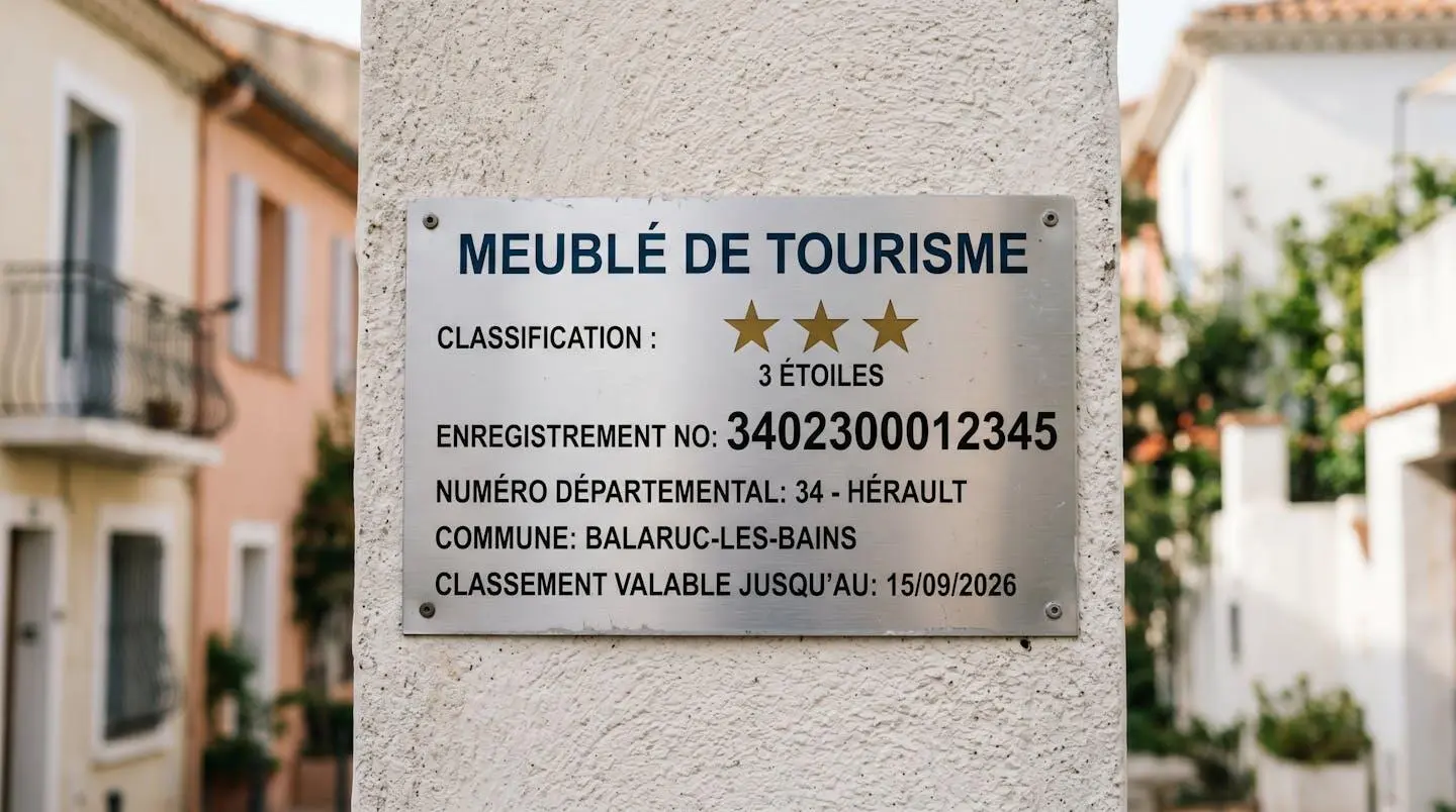 Gros plan sur une plaque officielle de numéro d'enregistrement d'un meublé de tourisme classé avec étoiles, apposée sur le mur extérieur d'un immeuble à Balaruc-les-Bains