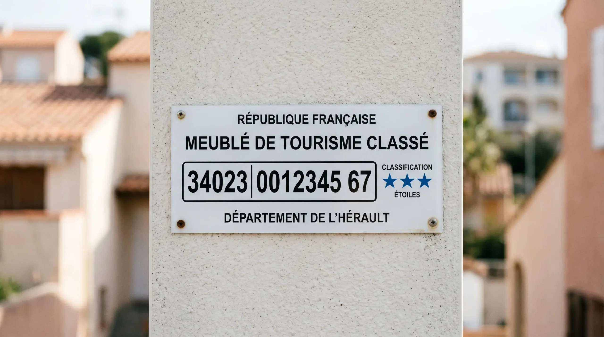 Gros plan sur une plaque officielle de numéro d'enregistrement d'un meublé de tourisme classé avec étoiles, apposée sur le mur extérieur d'un immeuble à Balaruc-les-Bains