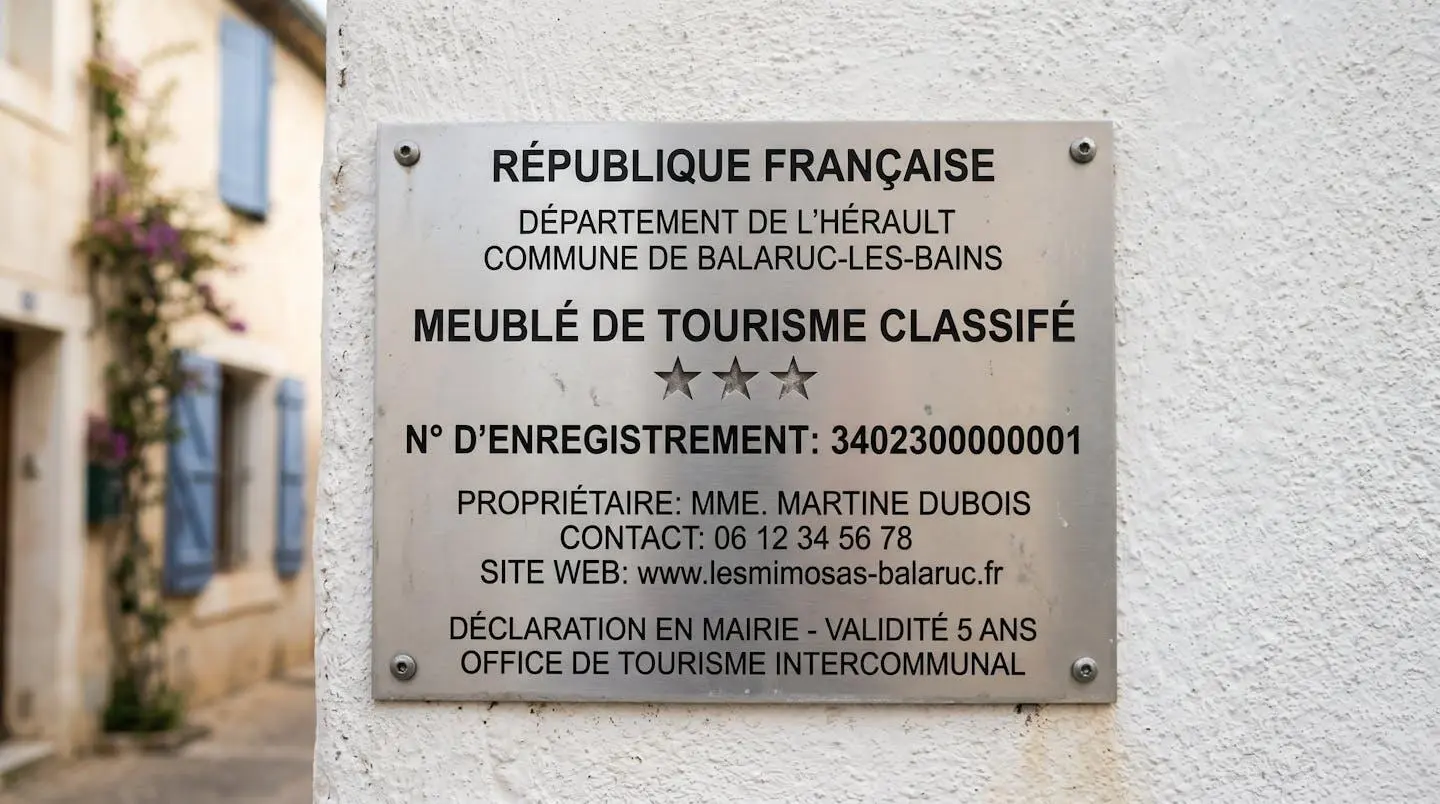 Gros plan sur une plaque officielle de numéro d'enregistrement d'un meublé de tourisme classé avec étoiles, apposée sur le mur extérieur d'un immeuble à Balaruc-les-Bains
