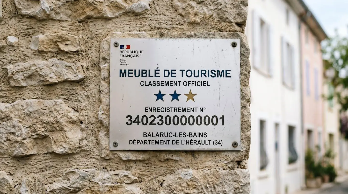 Gros plan sur une plaque officielle de numéro d'enregistrement d'un meublé de tourisme classé avec étoiles, apposée sur le mur extérieur d'un immeuble à Balaruc-les-Bains