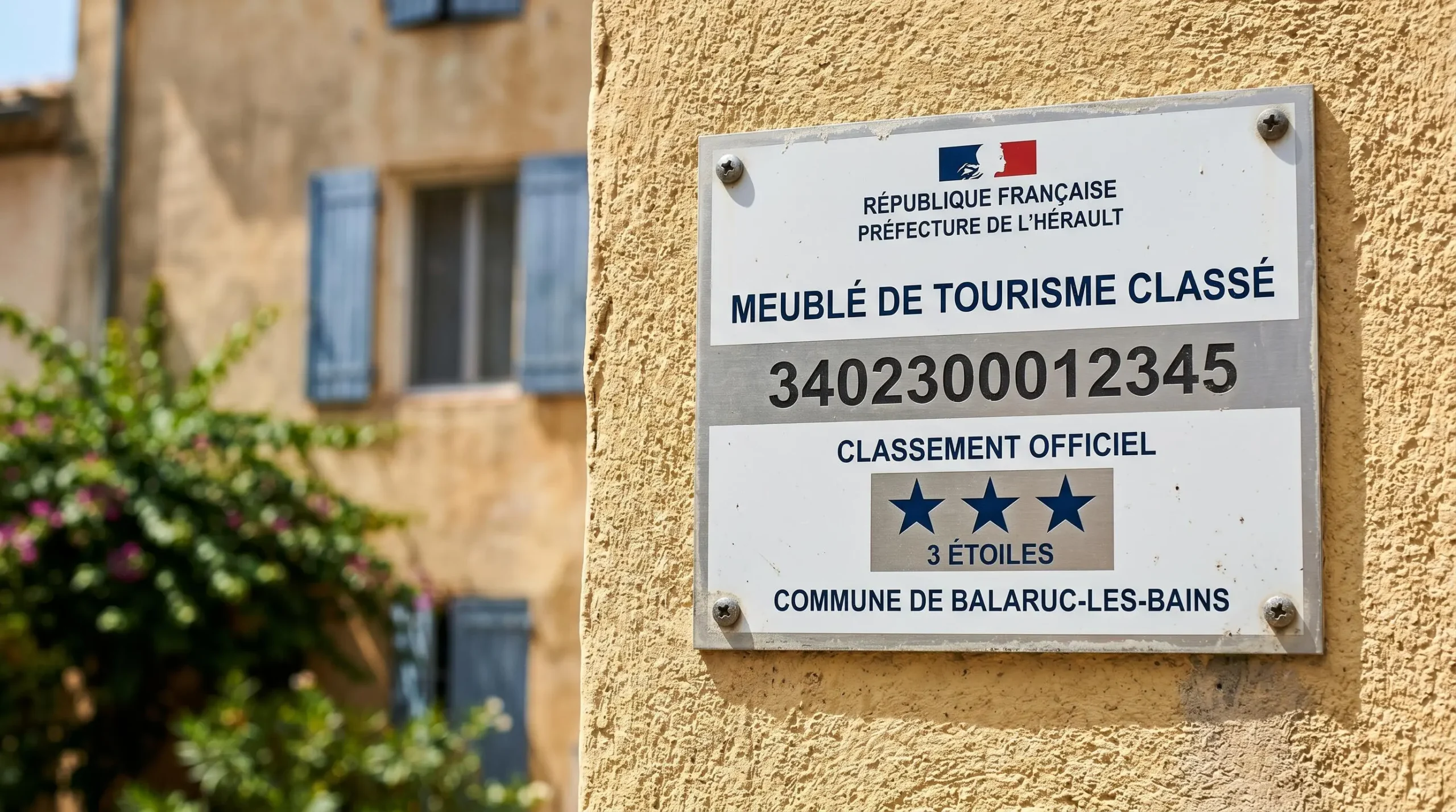 Gros plan sur une plaque officielle de numéro d'enregistrement d'un meublé de tourisme classé avec étoiles, apposée sur le mur extérieur d'un immeuble à Balaruc-les-Bains