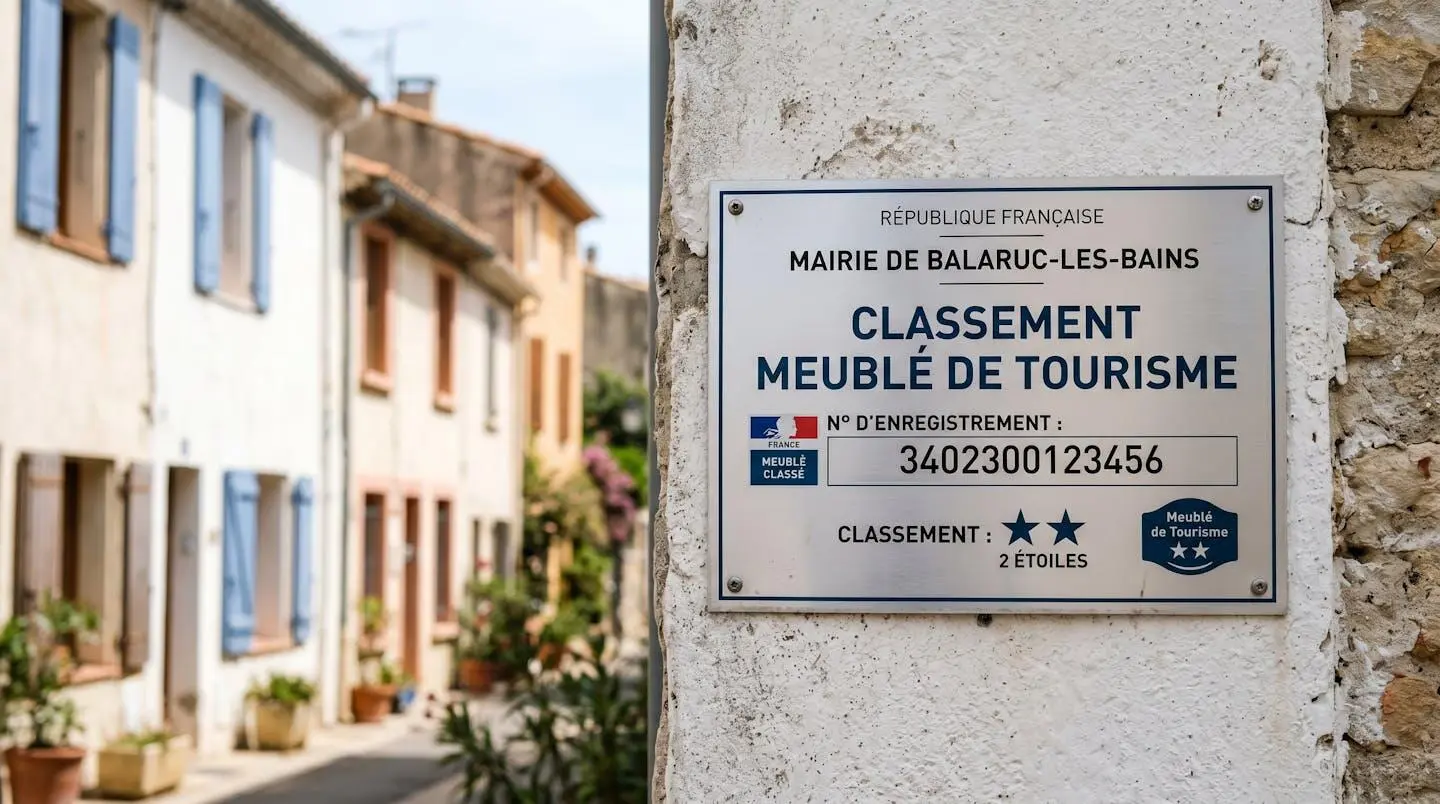 Gros plan sur une plaque officielle de numéro d'enregistrement d'un meublé de tourisme classé avec étoiles, apposée sur le mur extérieur d'un immeuble à Balaruc-les-Bains