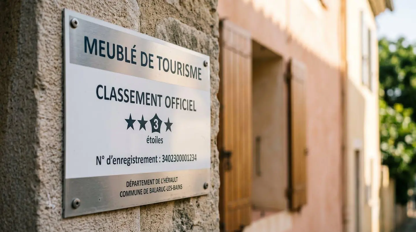 Gros plan sur une plaque officielle de numéro d'enregistrement d'un meublé de tourisme classé avec étoiles, apposée sur le mur extérieur d'un immeuble à Balaruc-les-Bains